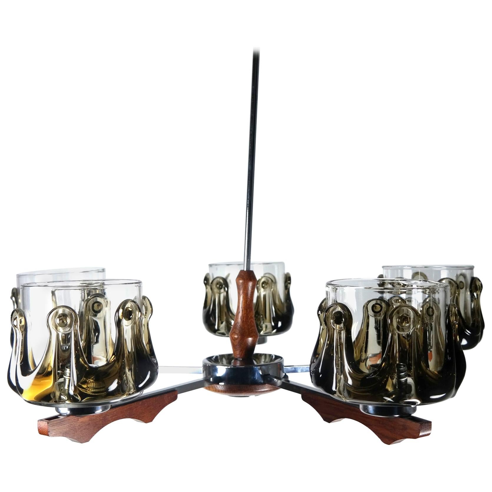 Murano Glass, Teak, and Chrome Chandelier, 1970s For Sale