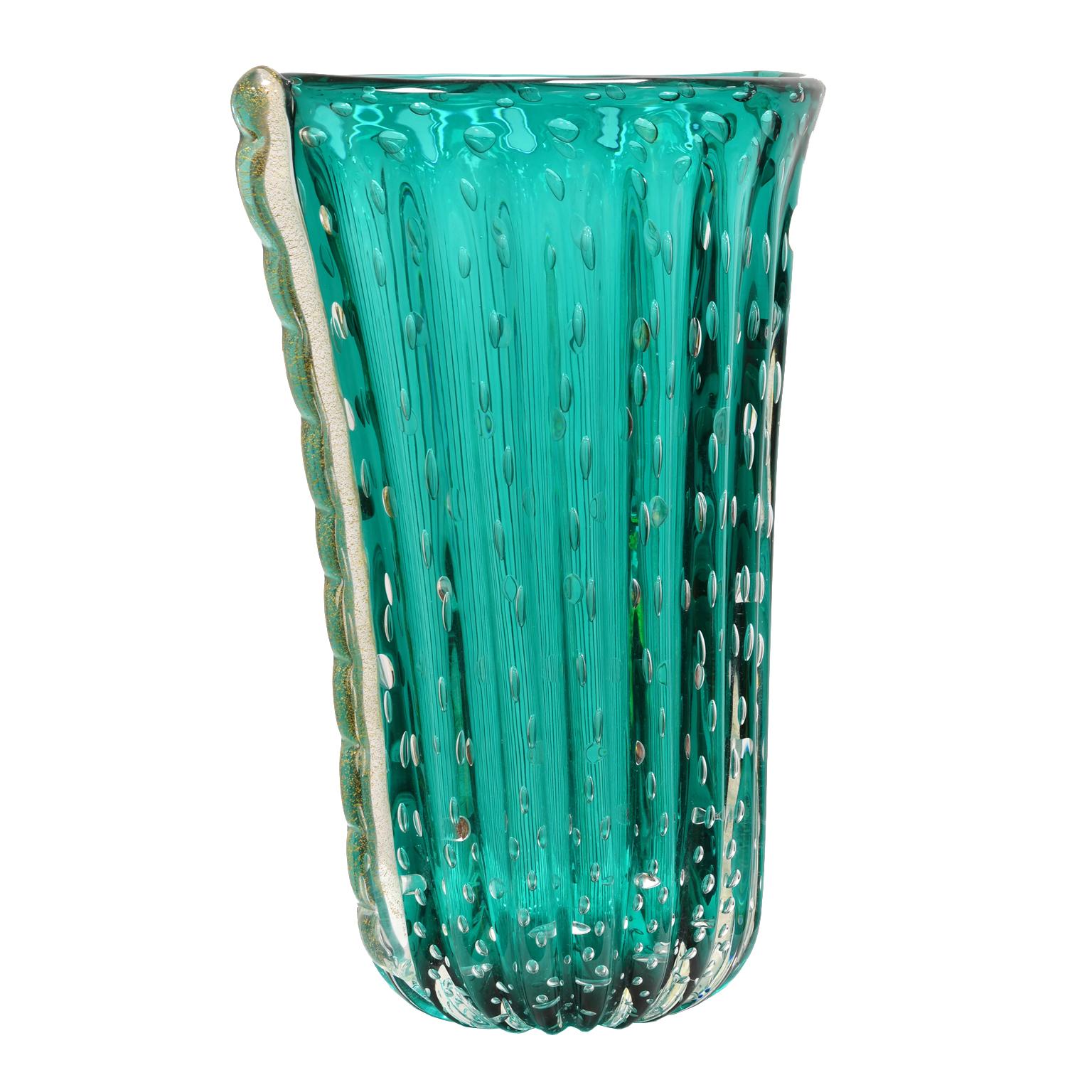 Italian Murano Glass Teal-Colored Vase from the Workshop of Archimede Seguso Dated 1999