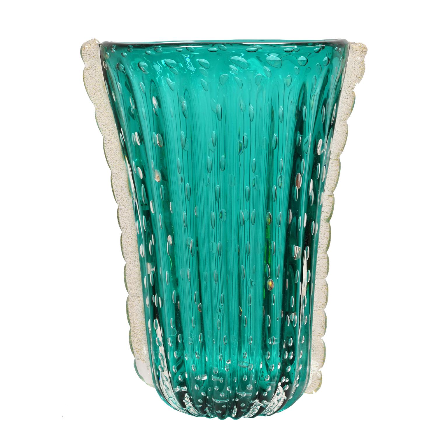 Murano Glass Teal-Colored Vase from the Workshop of Archimede Seguso Dated 1999 In Good Condition In Miami, FL