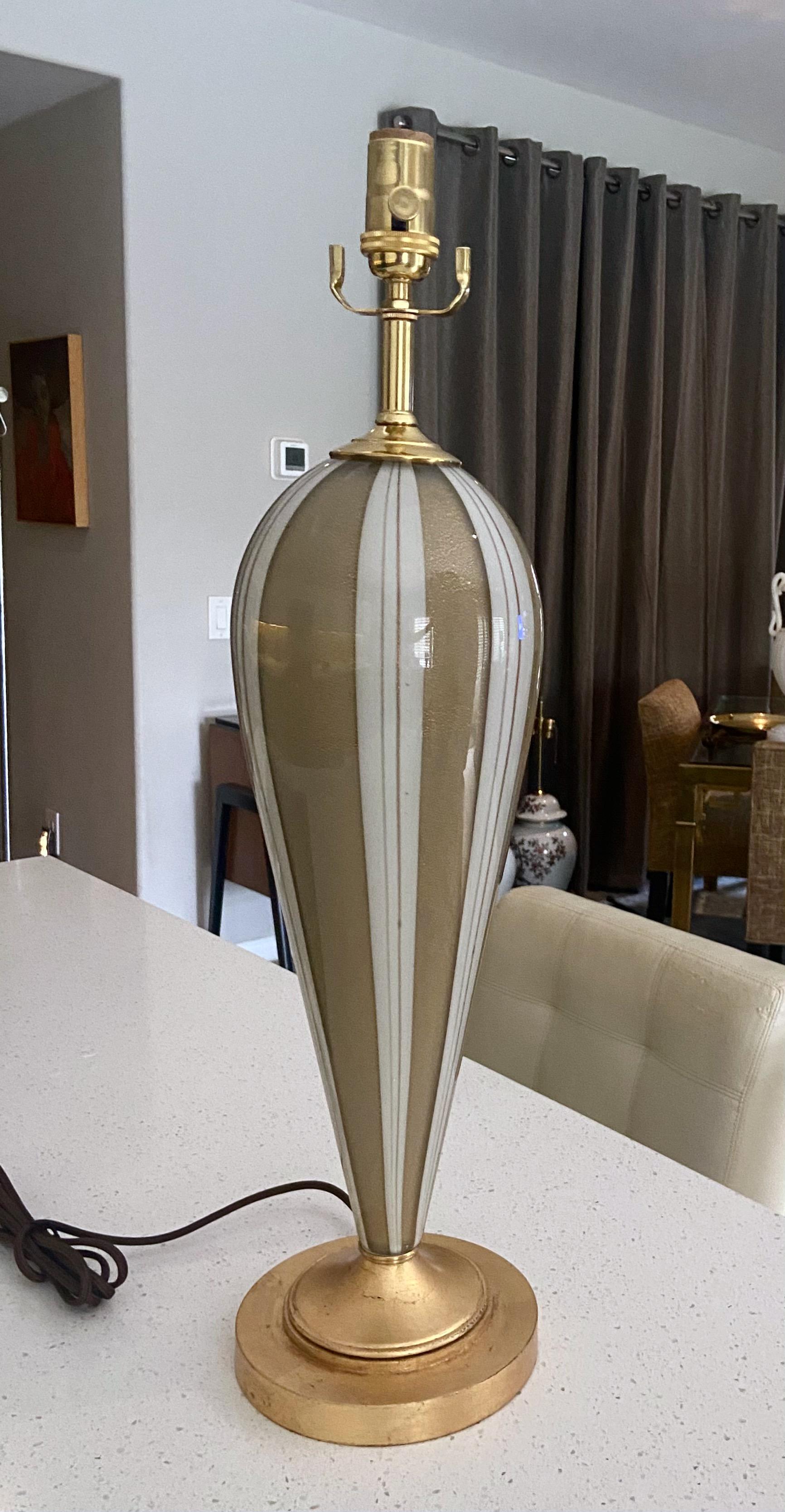 Murano hand blown glass tear drop shape table lamp with white & gold aventurine inclusions on giltwood base base. The glass body is solid and heavy (not hollow and lightweight). Newly wired with new 3-way brass socket and rayon covered cord. Glass