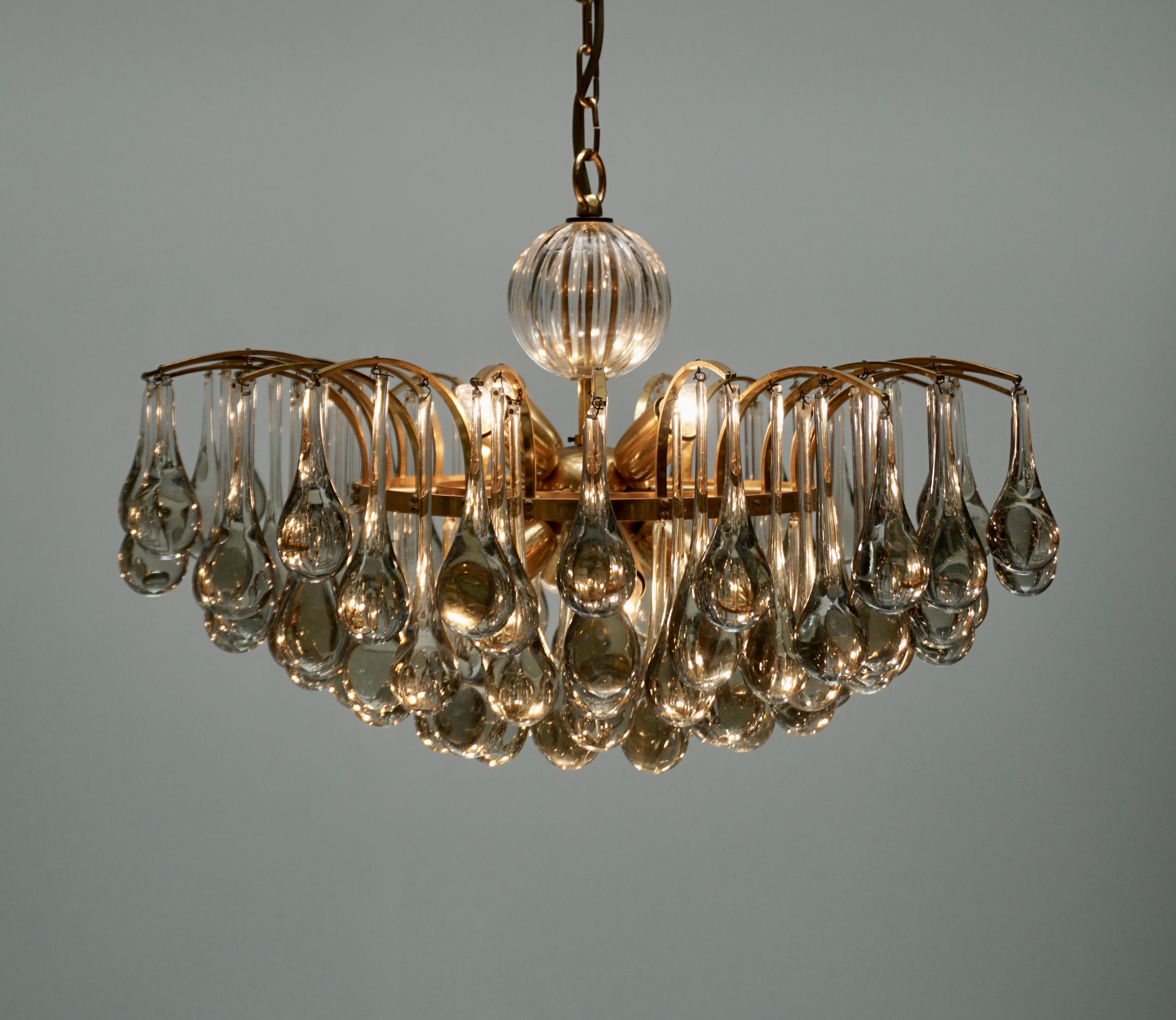 Brass Murano Glass Tear Drop Chandelier by Christoph Palme, Germany, 1970s