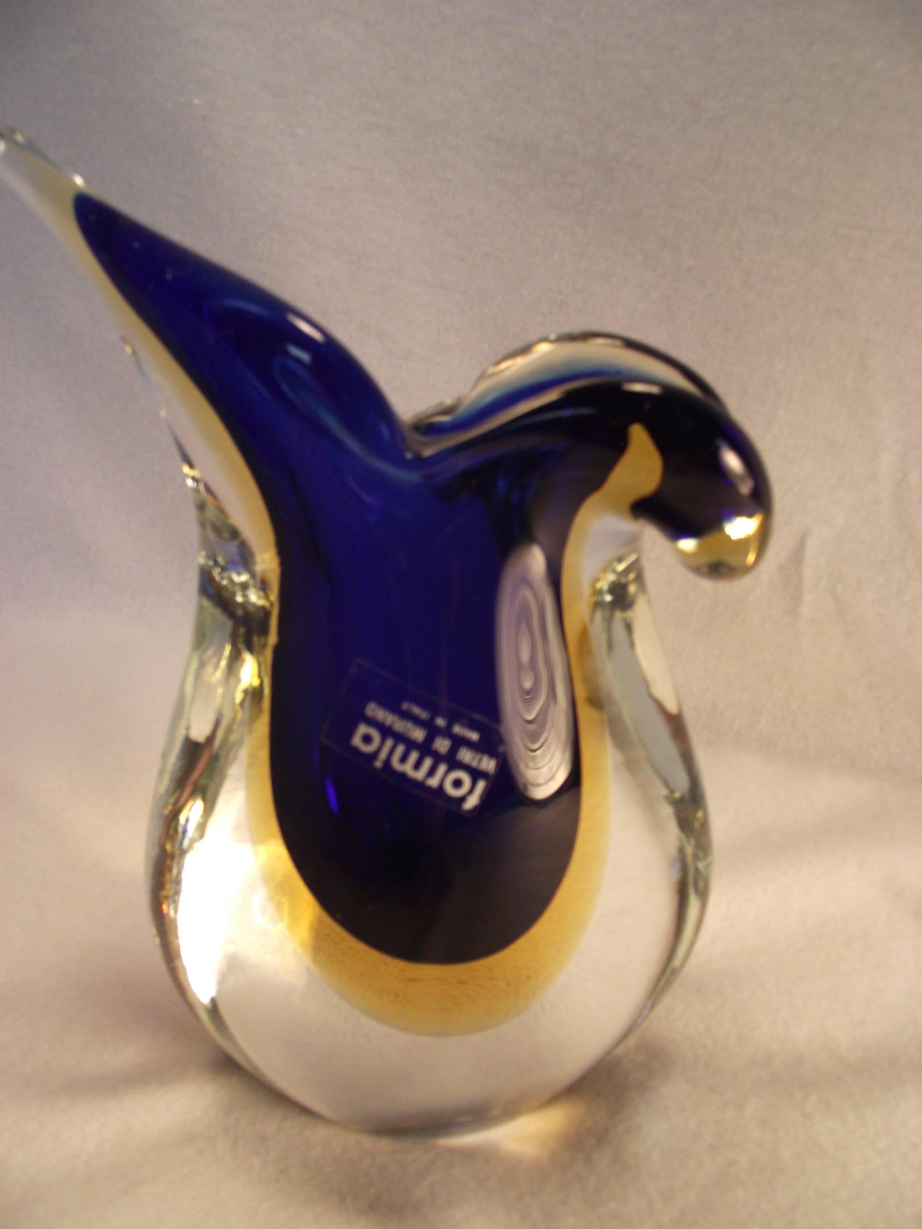 Very heavy clear, blue and gold Murano glass vase is a design by Vetri di Murano..