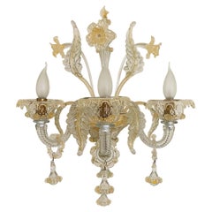 Murano Glass three Arm Wall Light Sconce Candelabra style Gold Flowers Vintage