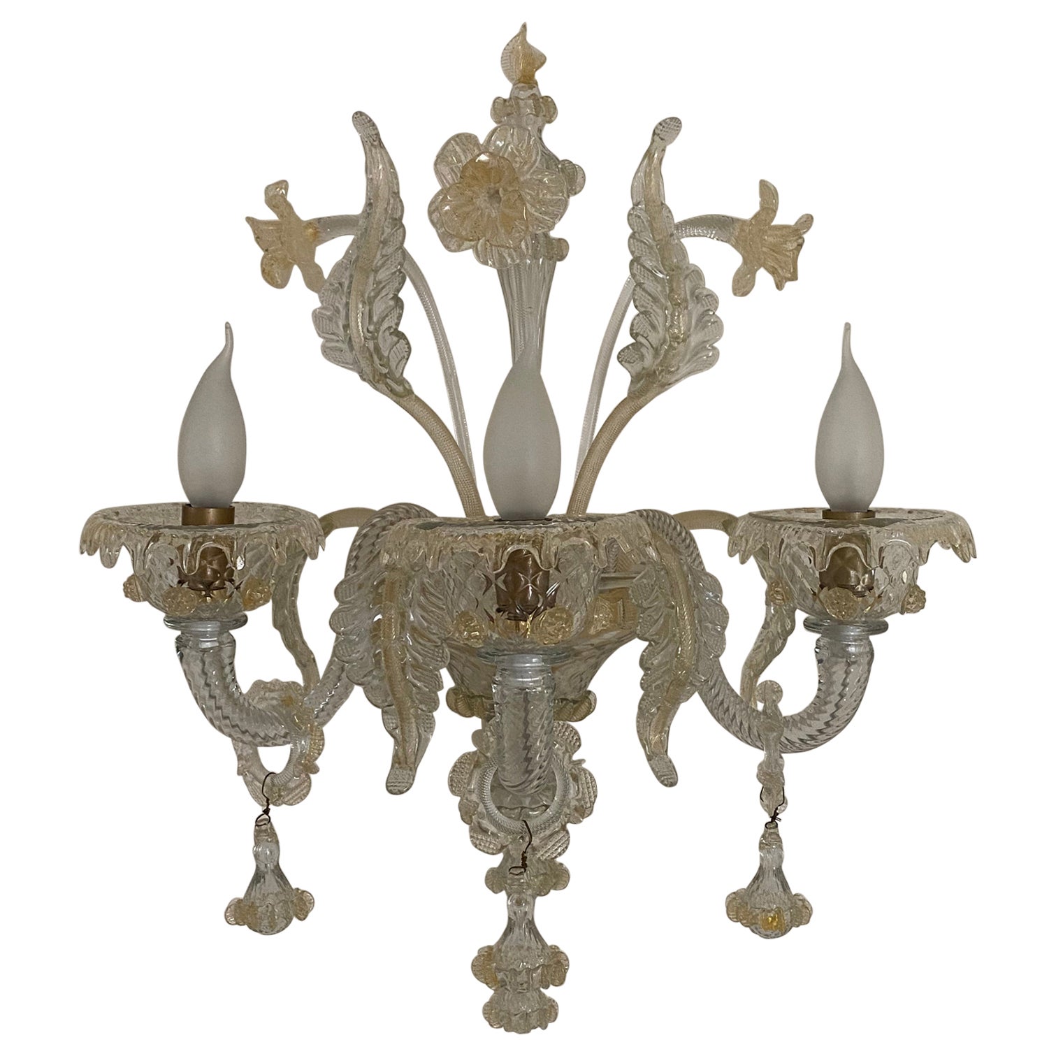 Murano Glass three Arm Wall Light Sconce Candelabra style with Flowers