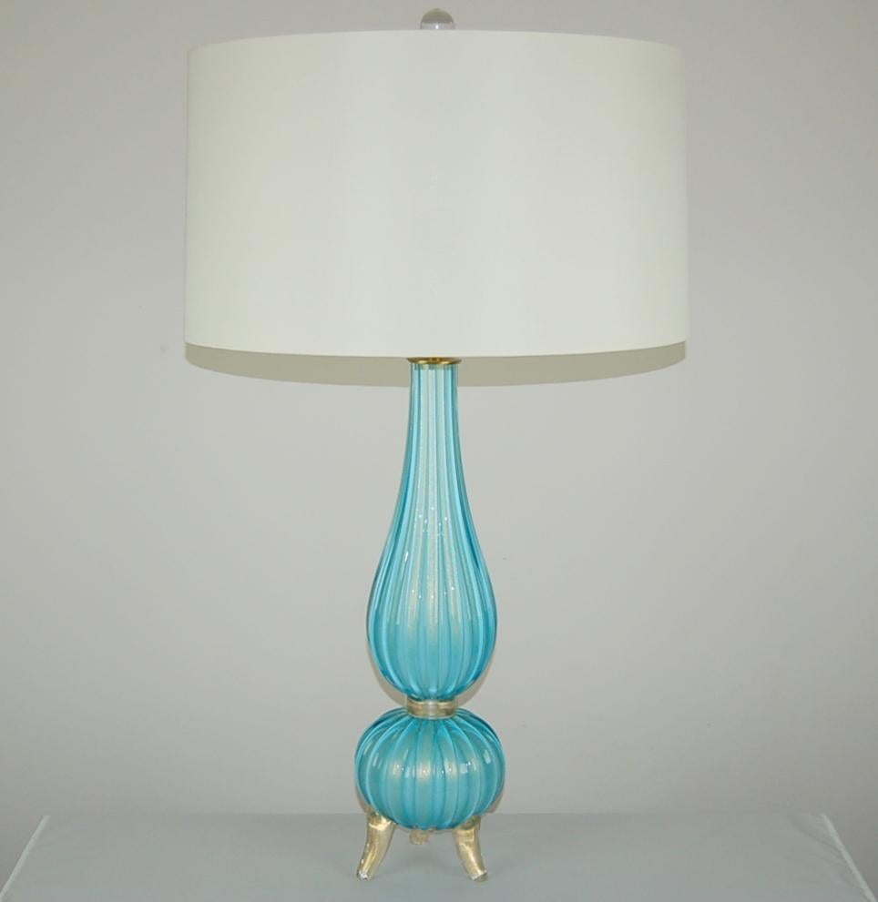 Our elegant interpretation of the Classic 1940’s Barovier & Toso THREE-FOOTED glass table lamps in SKY BLUE Murano glass filled with GOLD dust. These lamps are simply mesmerizing in person. you will be blown away! 

These lamps have been blown for