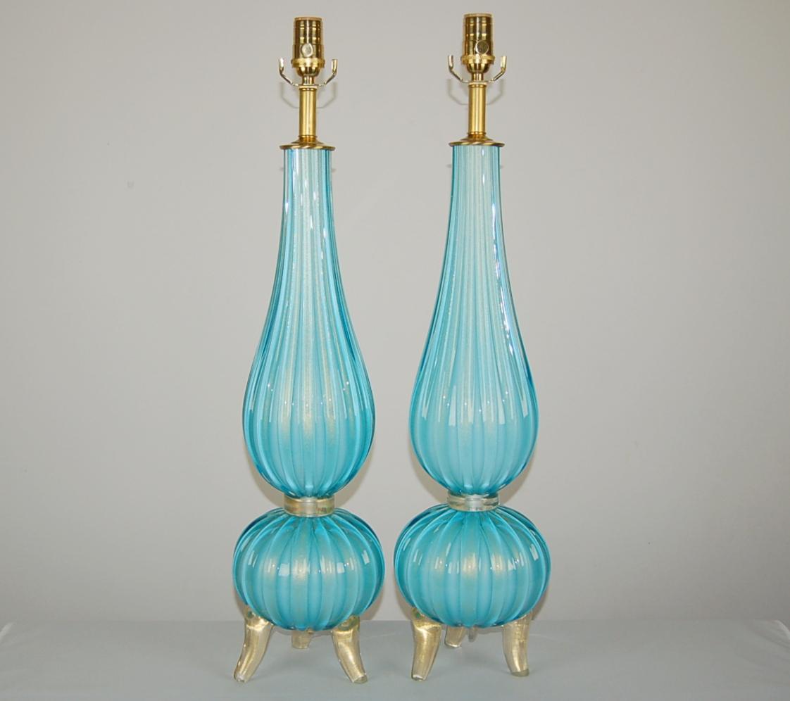 Murano Glass Three-Footed Table Lamps in Blue and Gold In Good Condition For Sale In Smyrna, GA
