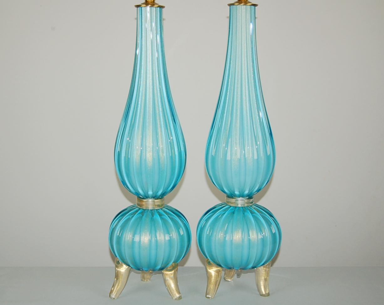 Contemporary Murano Glass Three-Footed Table Lamps in Blue and Gold For Sale