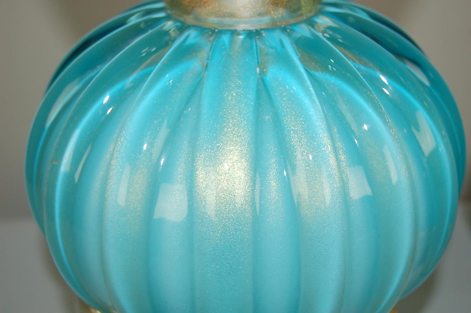 Blown Glass Murano Glass Three-Footed Table Lamps in Blue and Gold For Sale