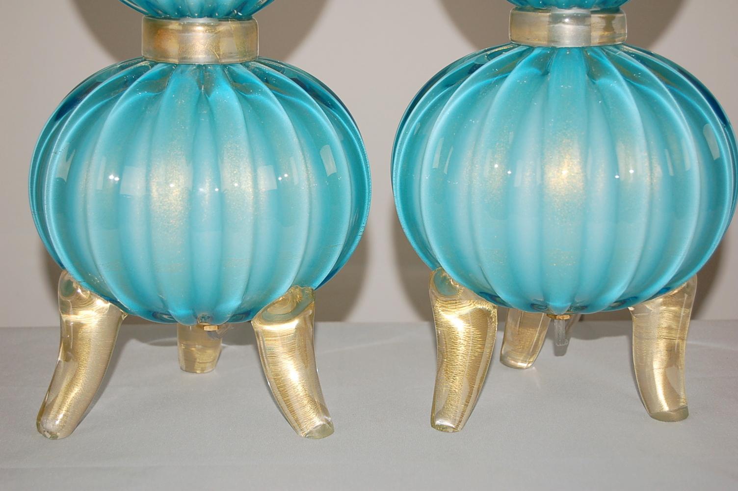 Murano Glass Three-Footed Table Lamps in Blue and Gold For Sale 1