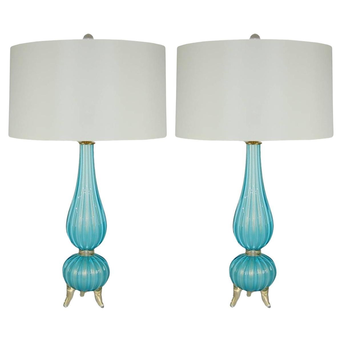 Murano Glass Three-Footed Table Lamps in Blue and Gold For Sale