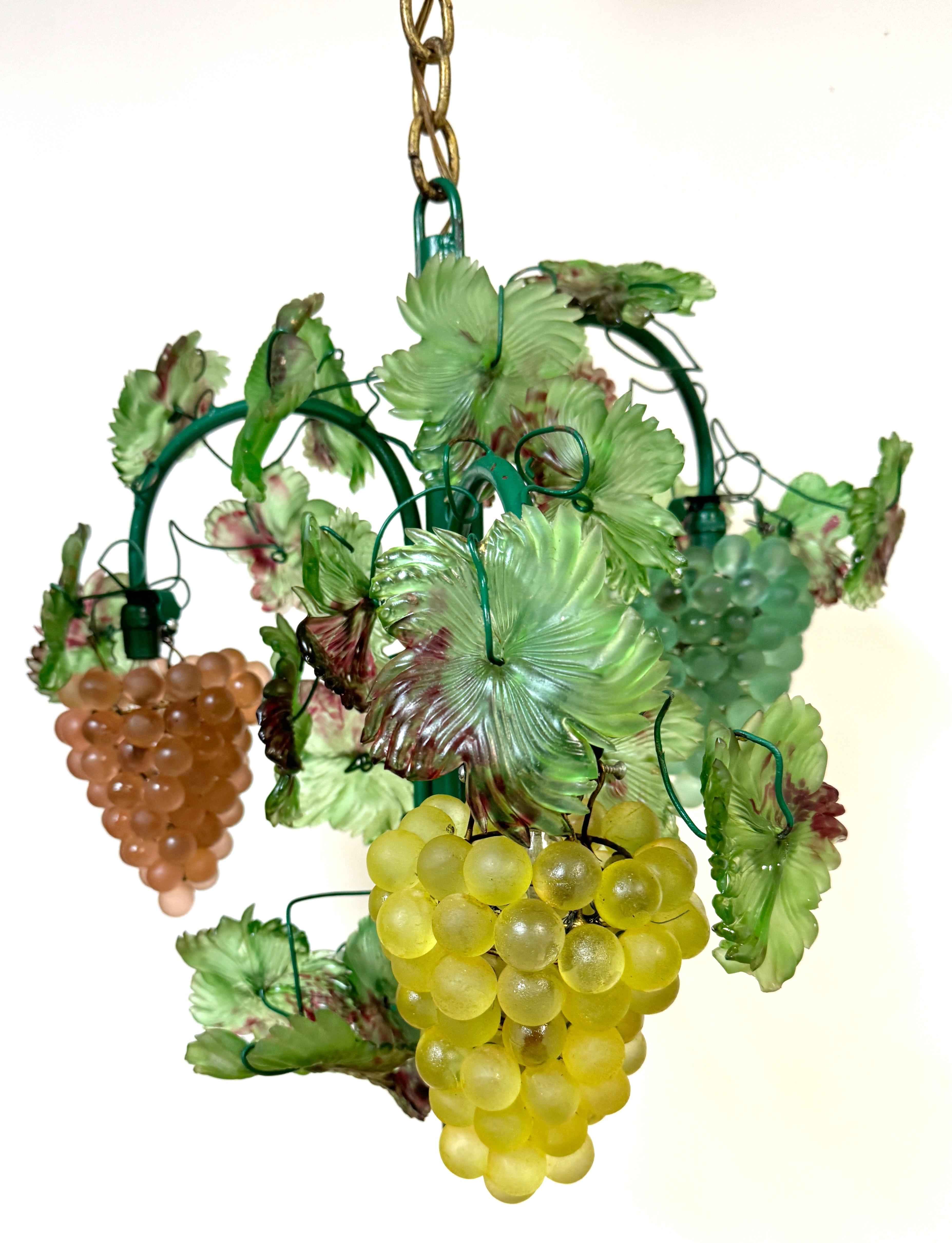 Murano Glass Three Light Hanging Clusters of Grapes and Leaves Chandelier 3