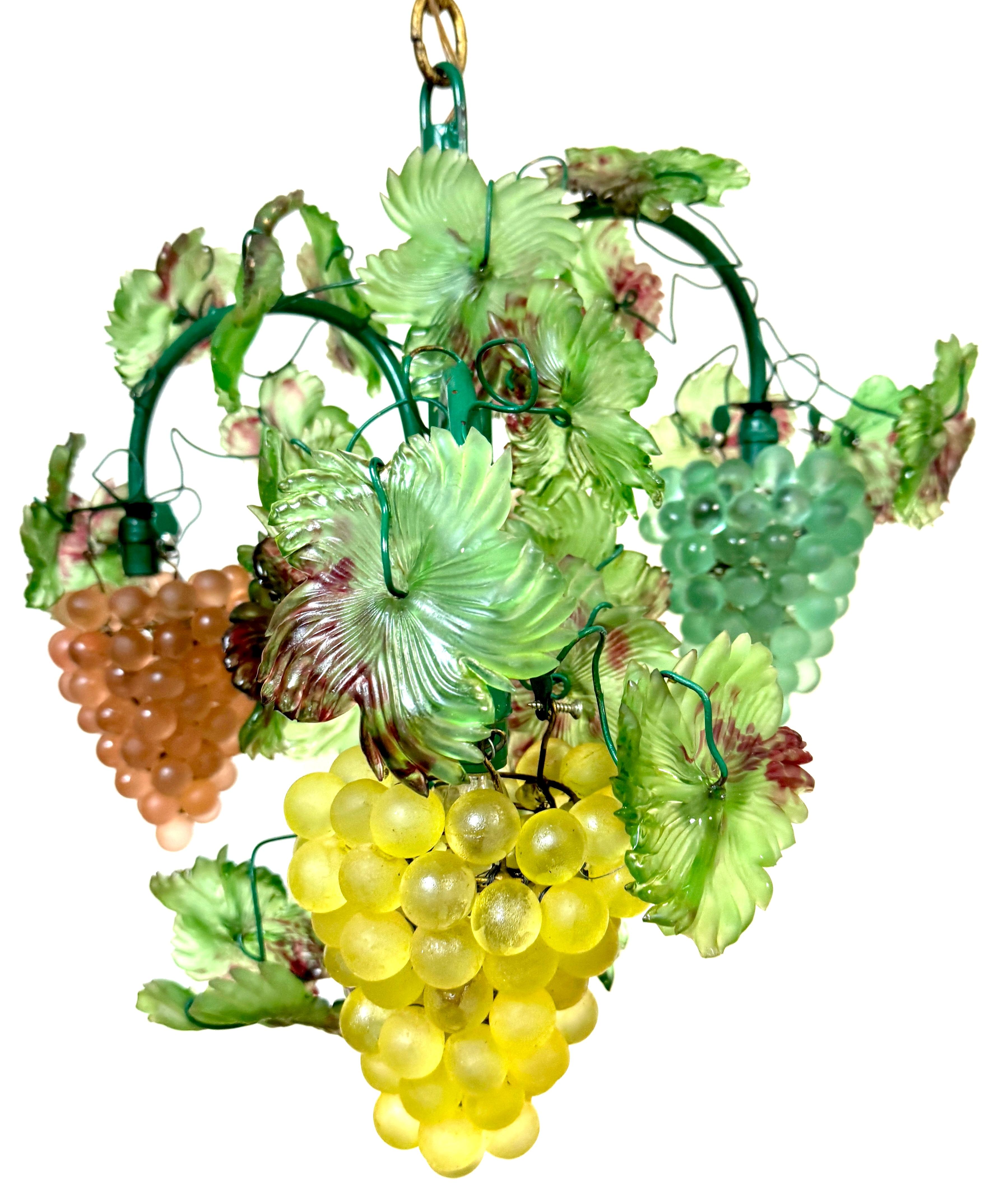 Murano Glass Three Light Hanging Clusters of Grapes and Leaves Chandelier 4