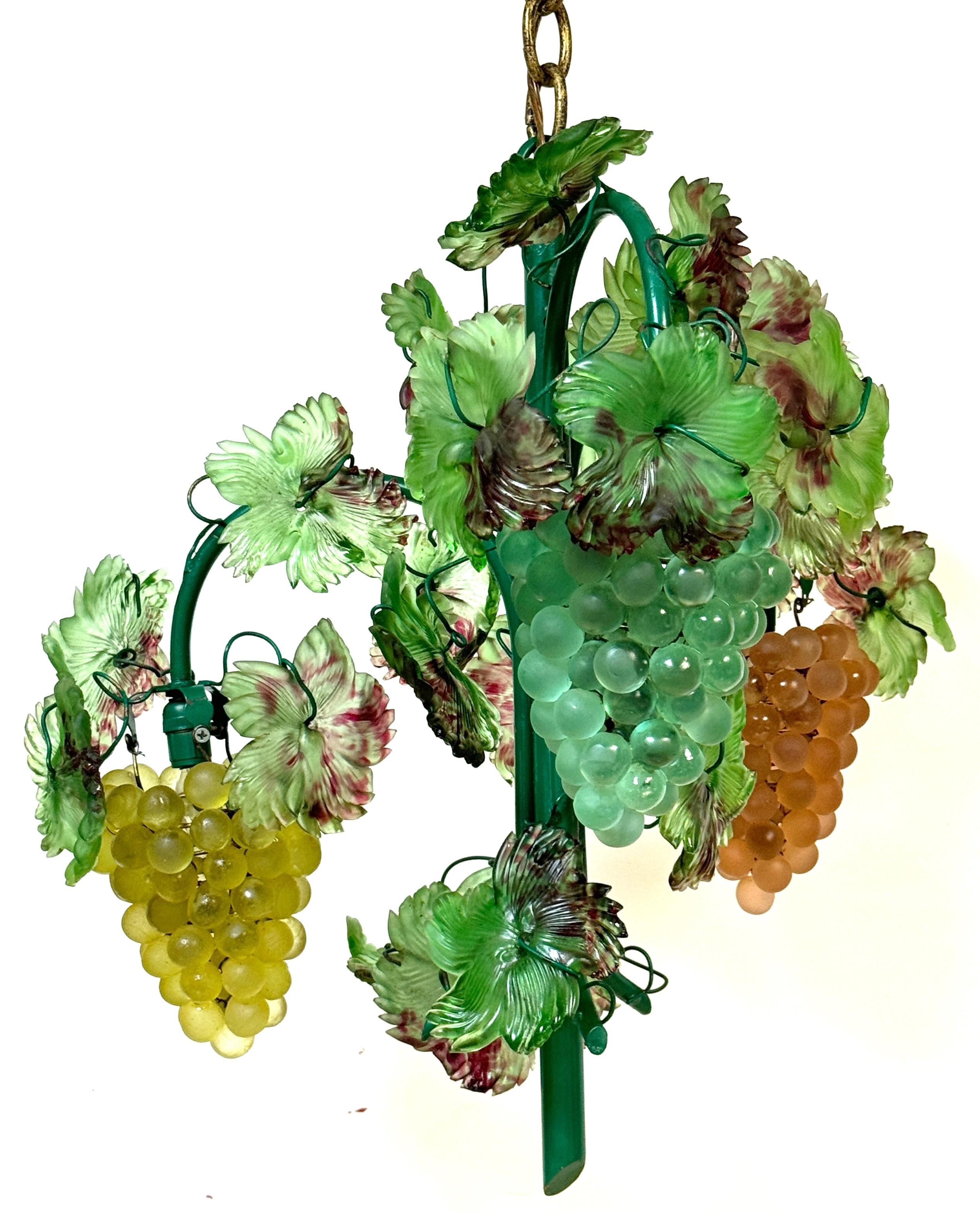 Murano Glass Three Light Hanging Clusters of Grapes and Leaves Chandelier 5