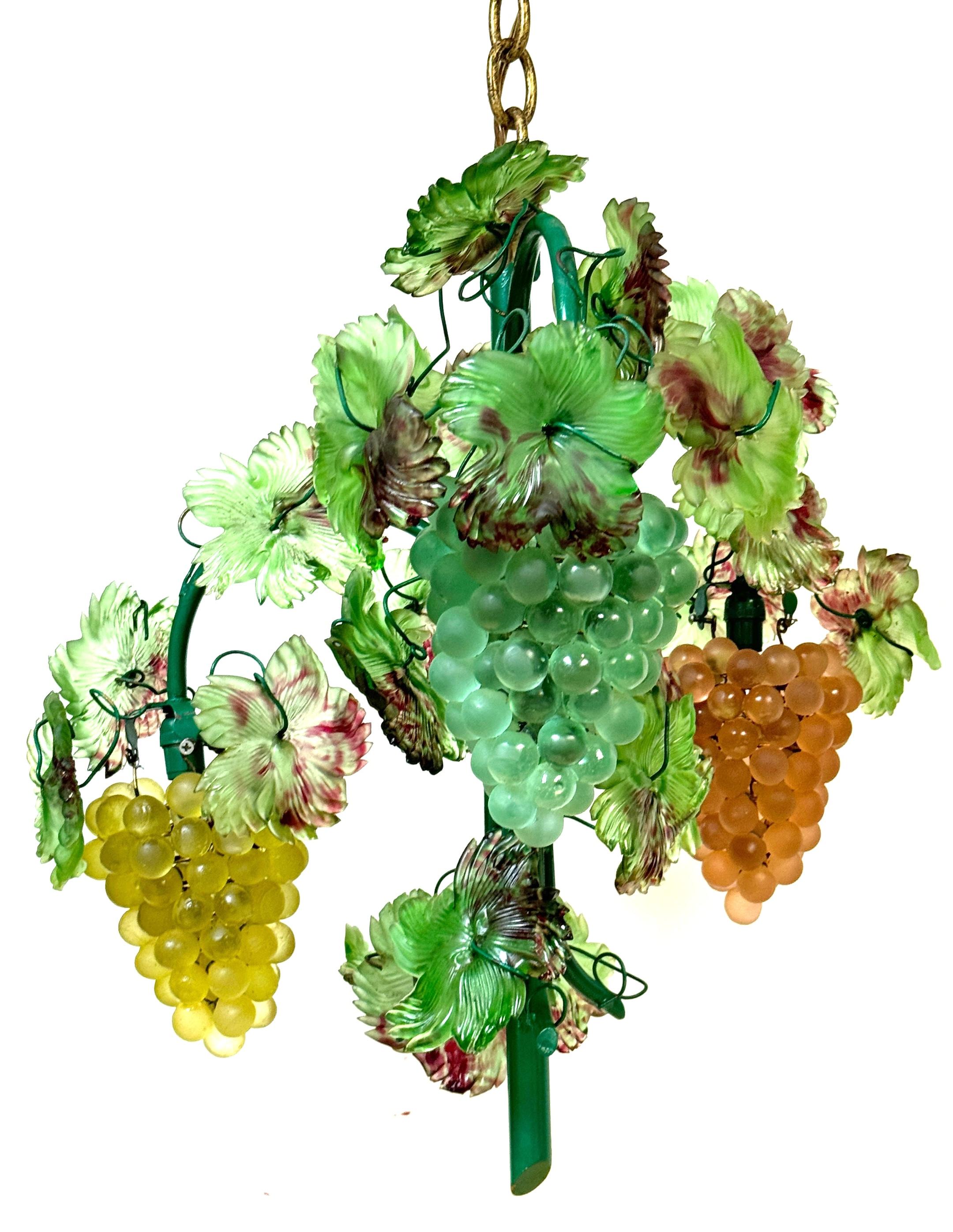 Murano Glass Three Light Hanging Clusters of Grapes and Leaves Chandelier 6