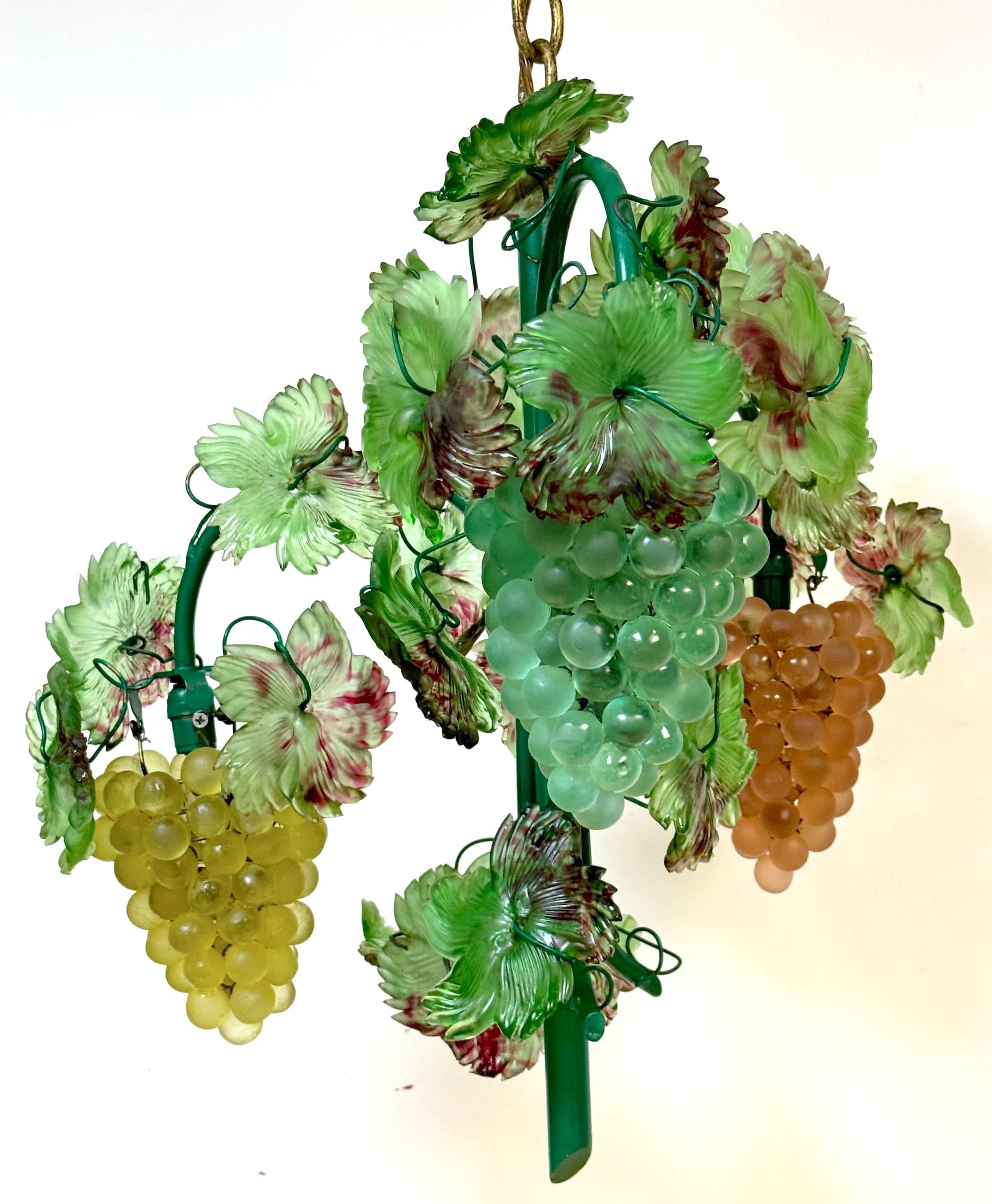 Murano Glass Three Light Hanging Clusters of Grapes and Leaves Chandelier 7
