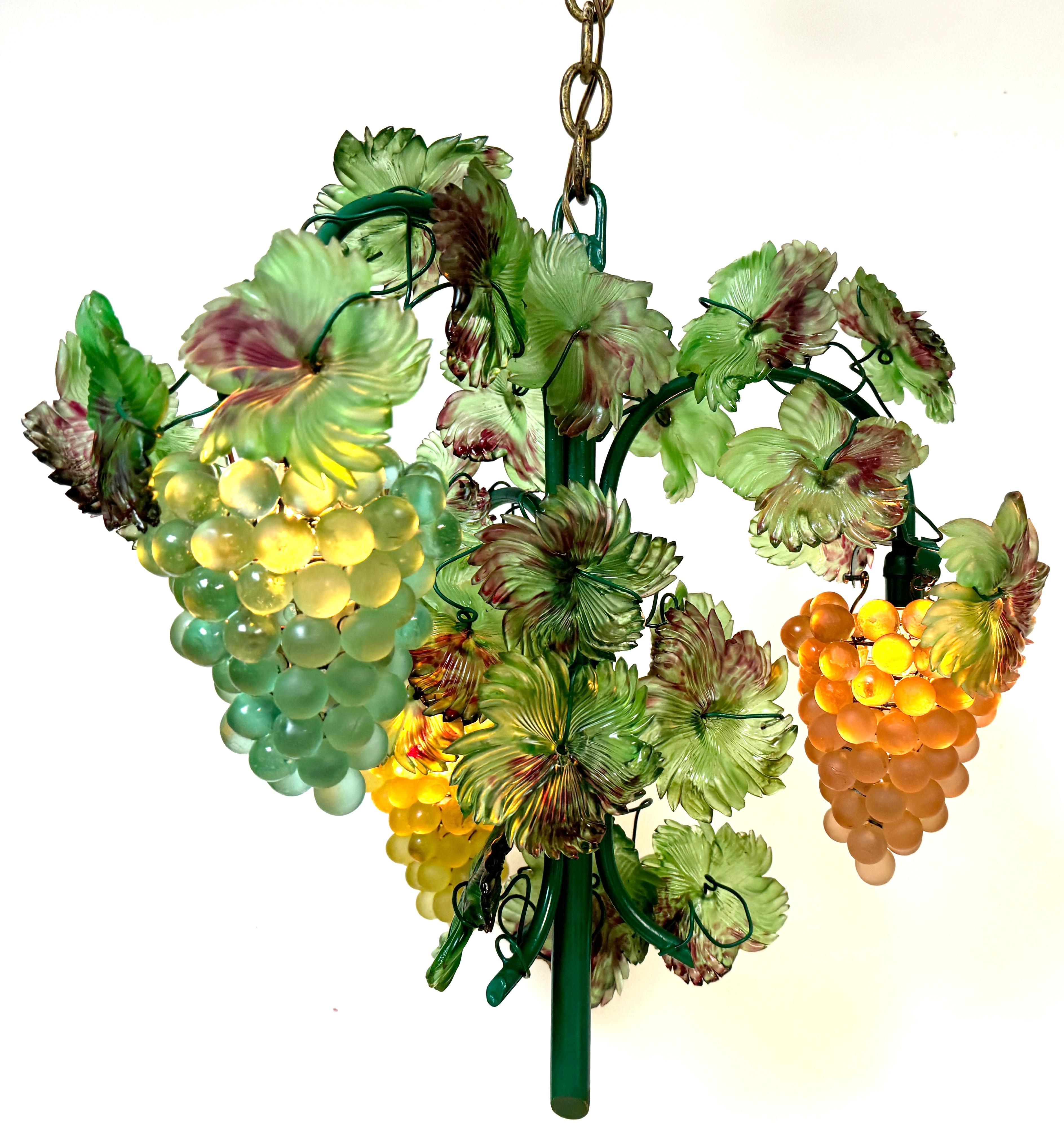 Italian Murano Glass Three Light Hanging Clusters of Grapes and Leaves Chandelier