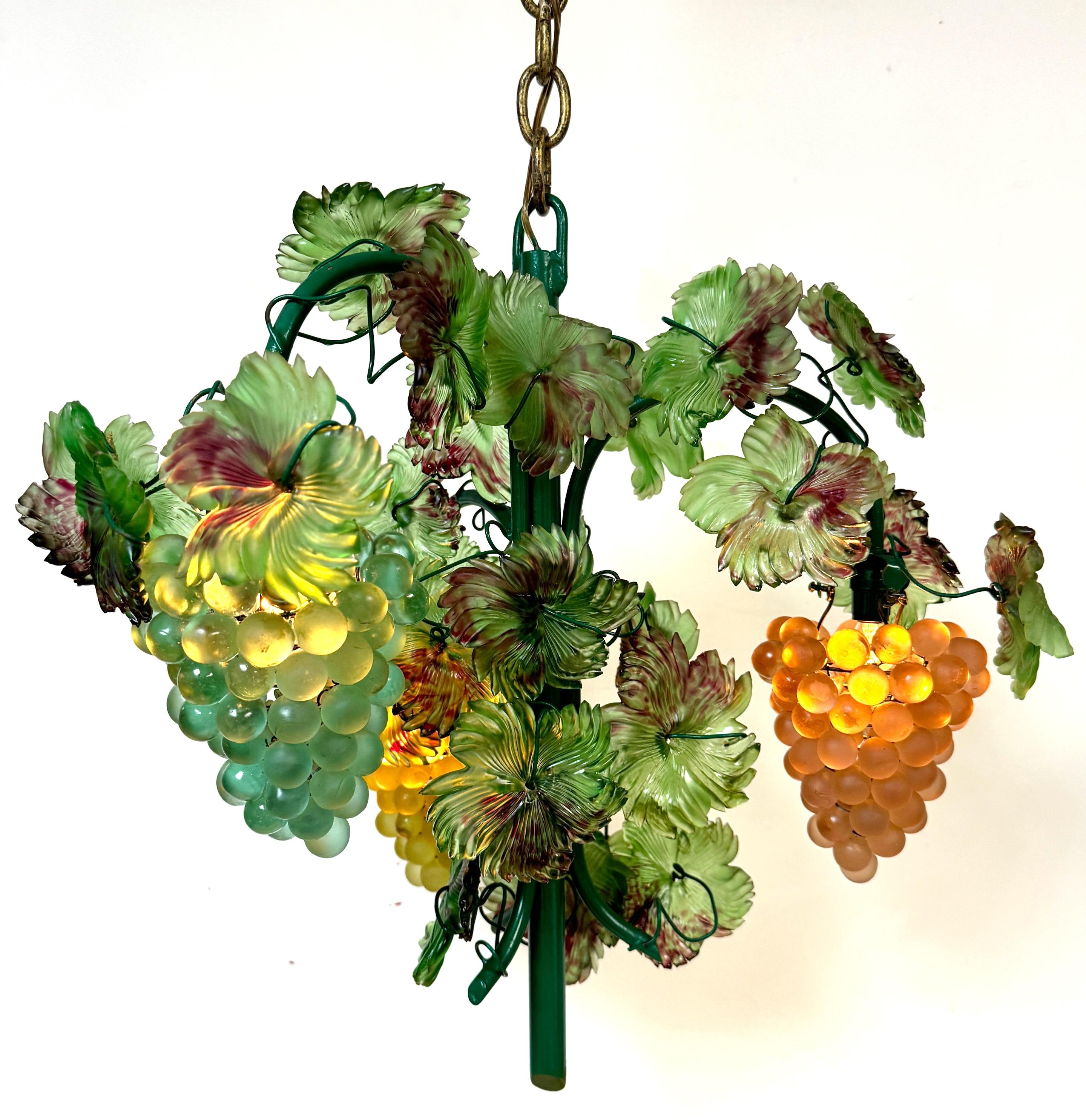 Polychromed Murano Glass Three Light Hanging Clusters of Grapes and Leaves Chandelier