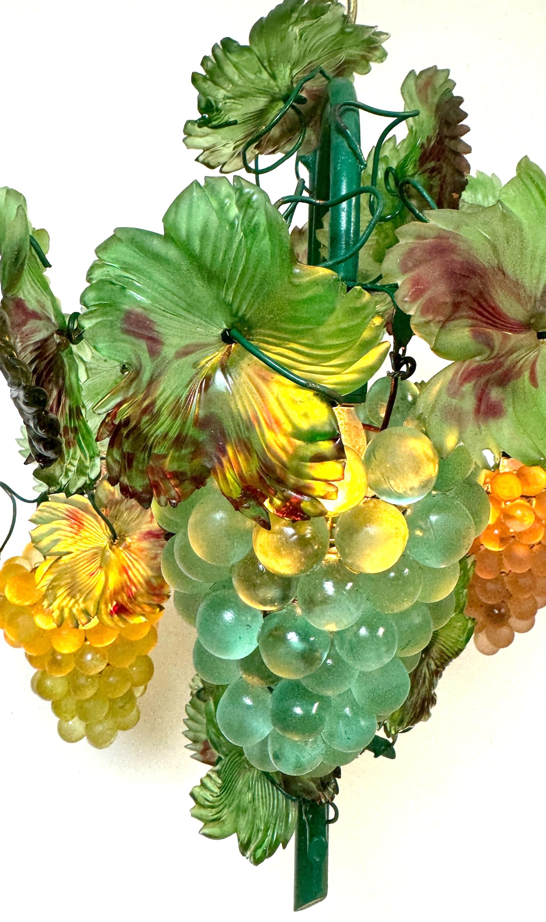 Murano Glass Three Light Hanging Clusters of Grapes and Leaves Chandelier In Good Condition In West Palm Beach, FL