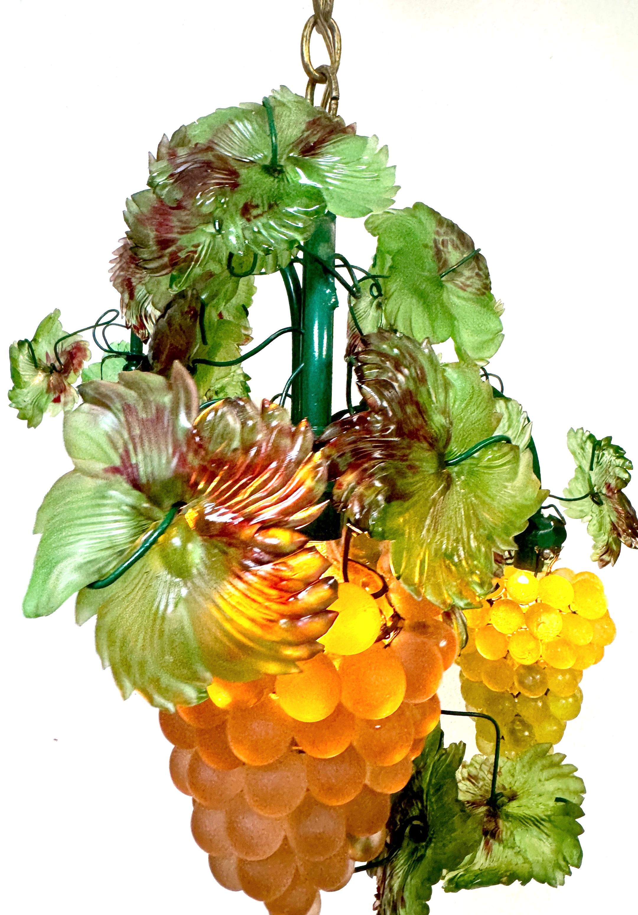 20th Century Murano Glass Three Light Hanging Clusters of Grapes and Leaves Chandelier