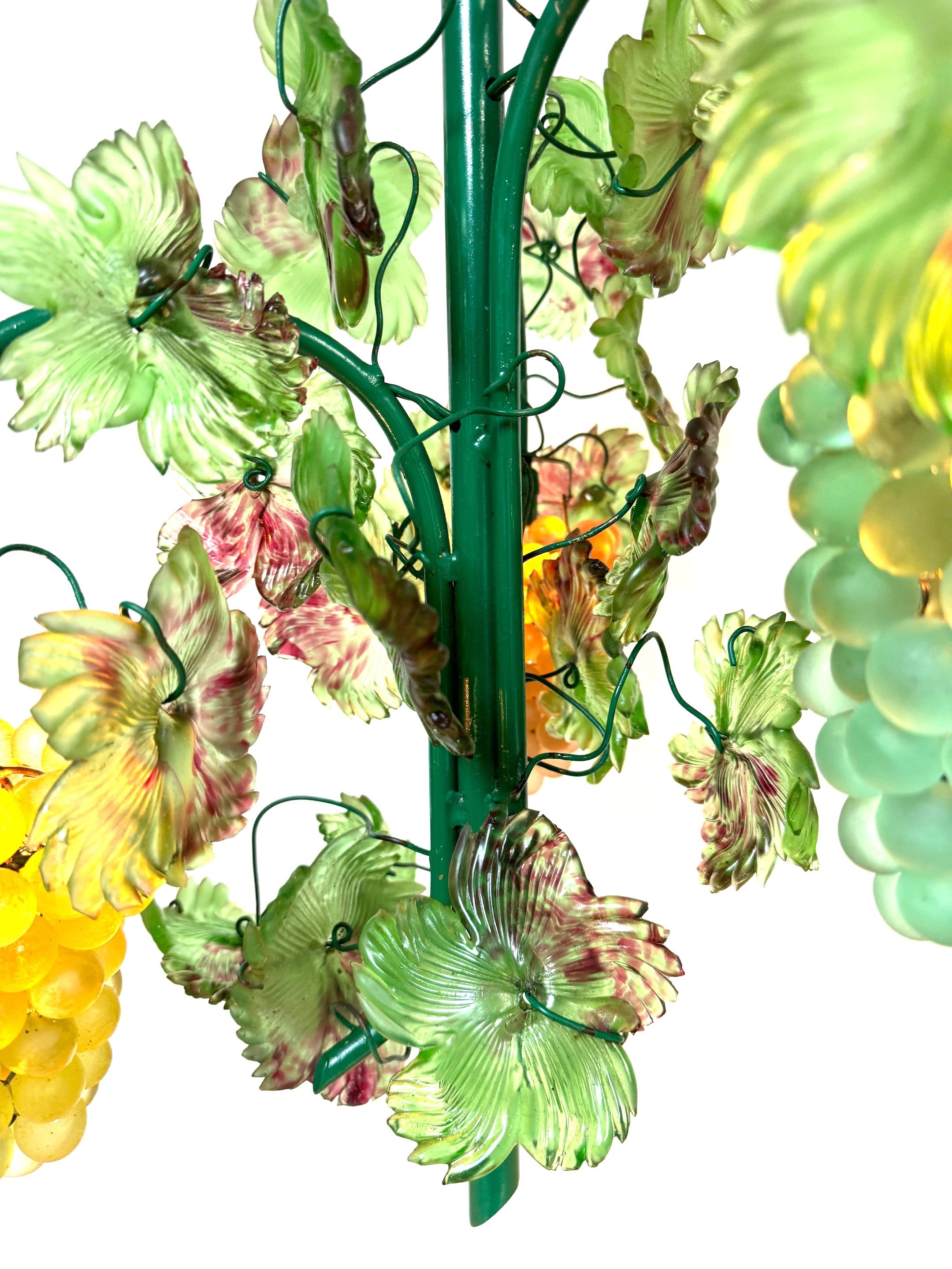 Metal Murano Glass Three Light Hanging Clusters of Grapes and Leaves Chandelier