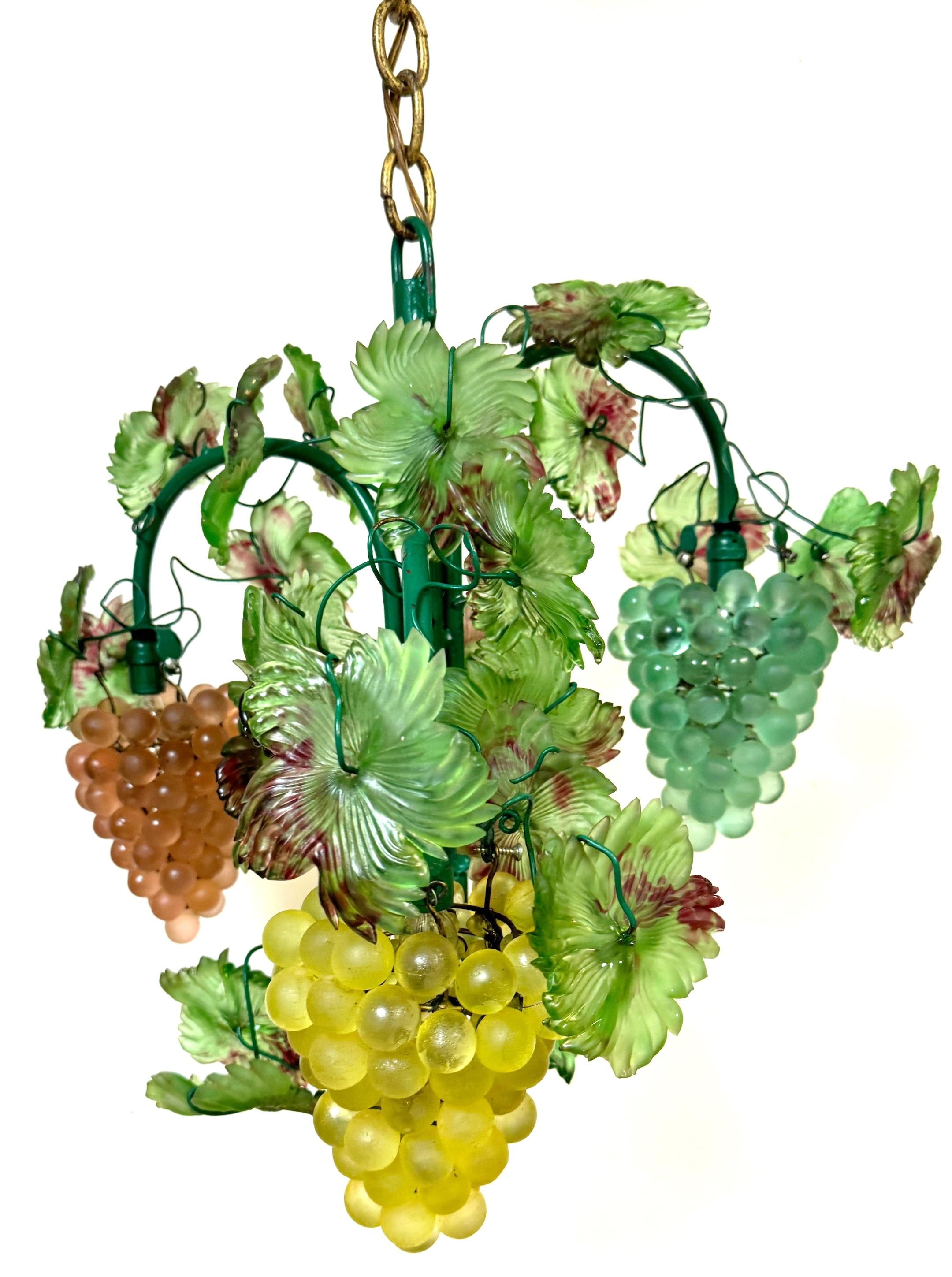 Murano Glass Three Light Hanging Clusters of Grapes and Leaves Chandelier 1