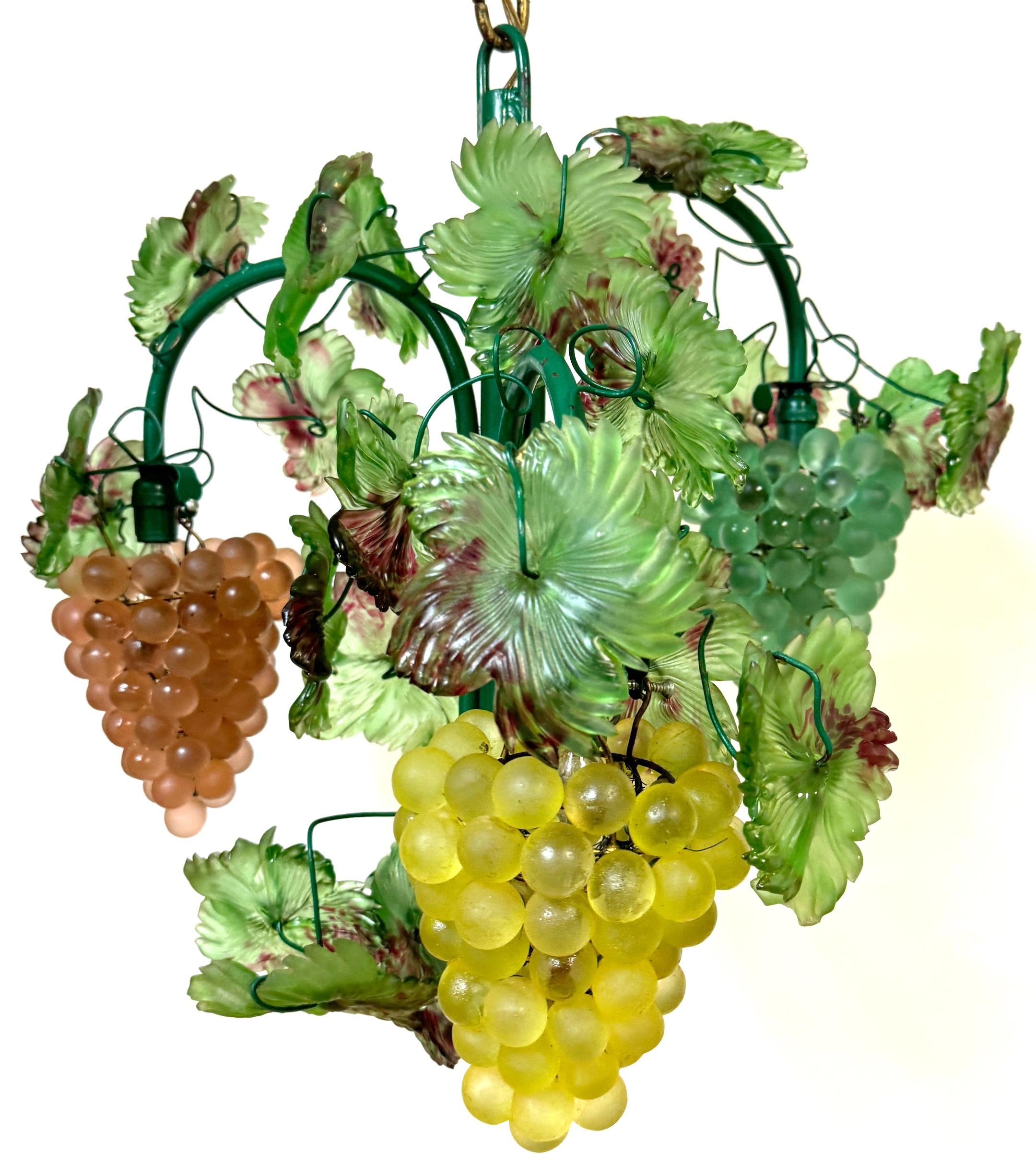 Murano Glass Three Light Hanging Clusters of Grapes and Leaves Chandelier 2