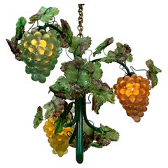 Murano Glass Three Light Hanging Clusters of Grapes and Leaves Chandelier