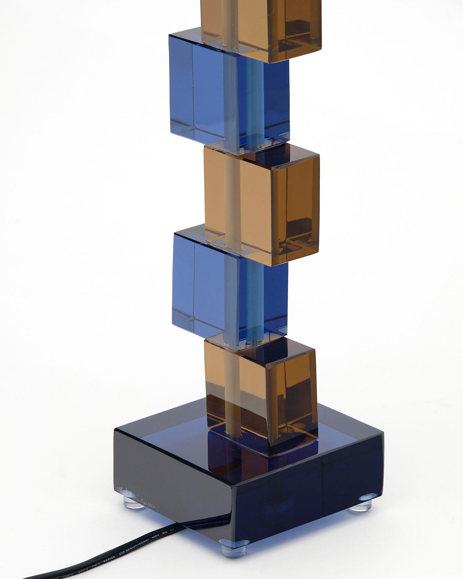 Murano Glass Tobacco and Blue Cubist Lamps For Sale 2