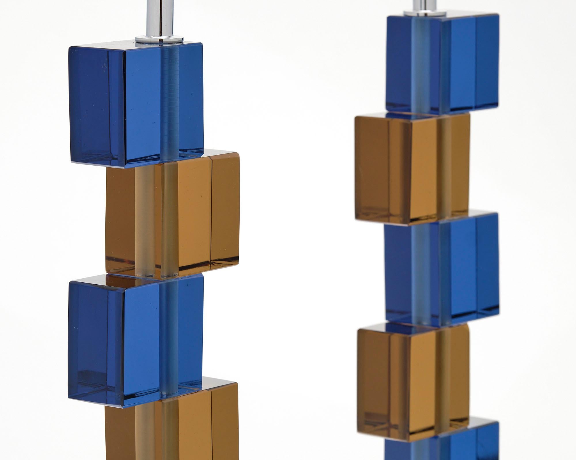 Murano Glass Tobacco and Blue Cubist Lamps For Sale 3