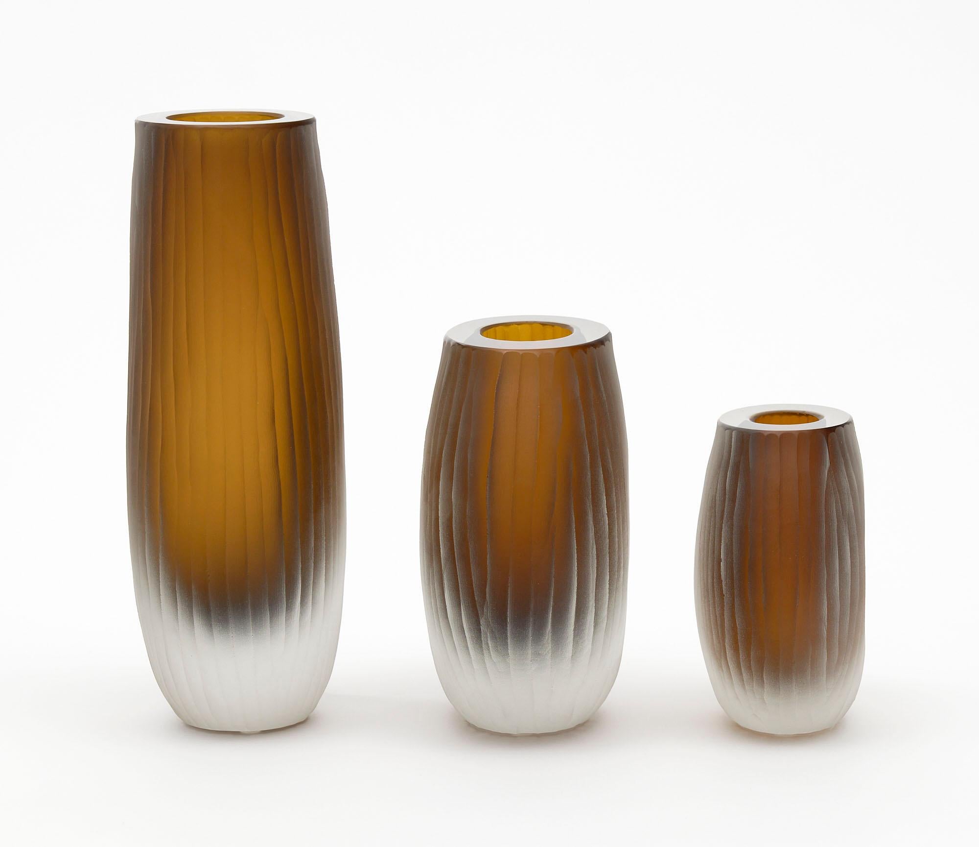 Italian Murano Glass Tobacco Trio of Vases in the Manner of Tobia Scarpa