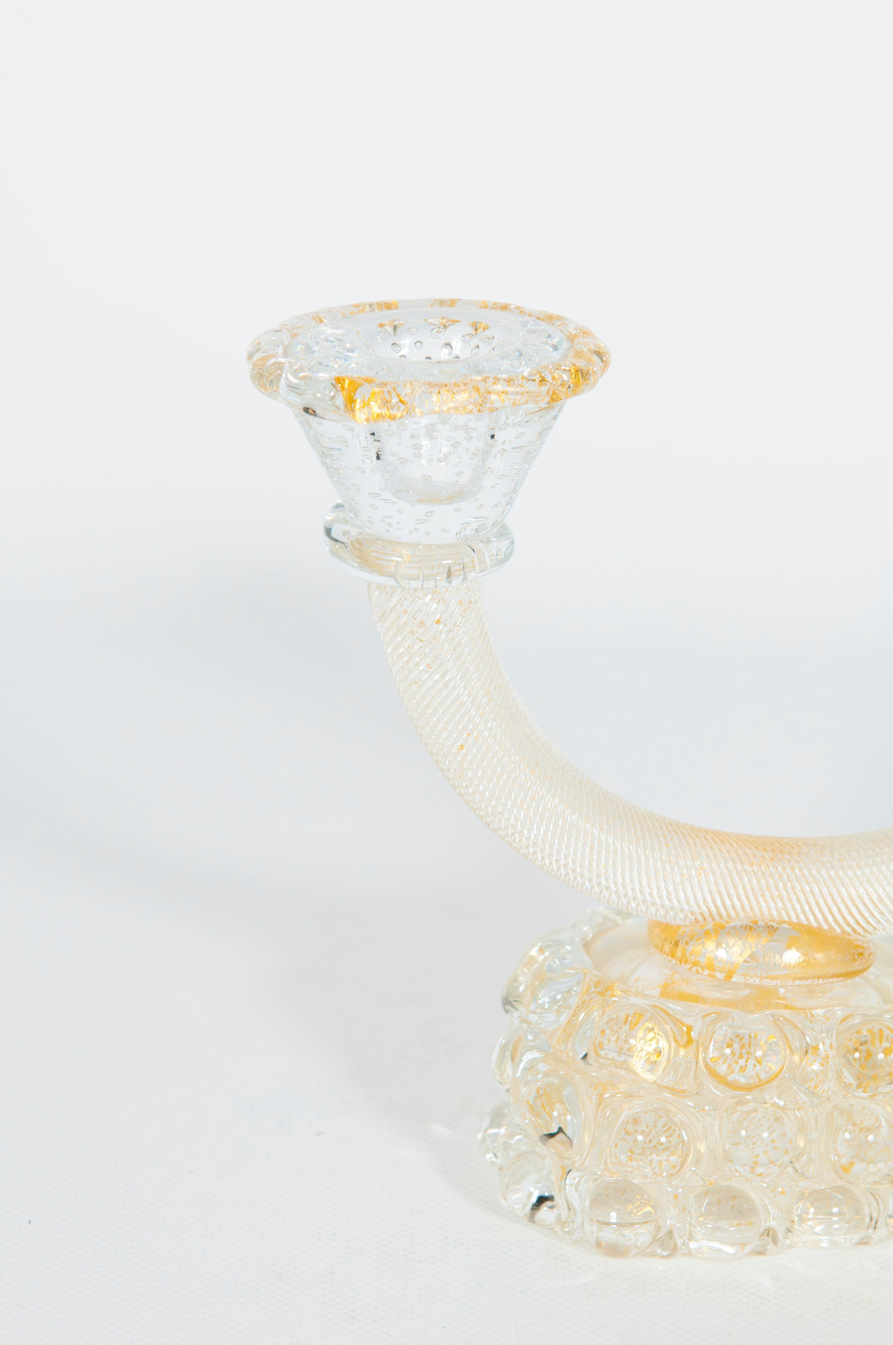 Hand-Crafted Murano Glass Torciglione Candle Holder with Submerged Gold Attributed to Seguso For Sale
