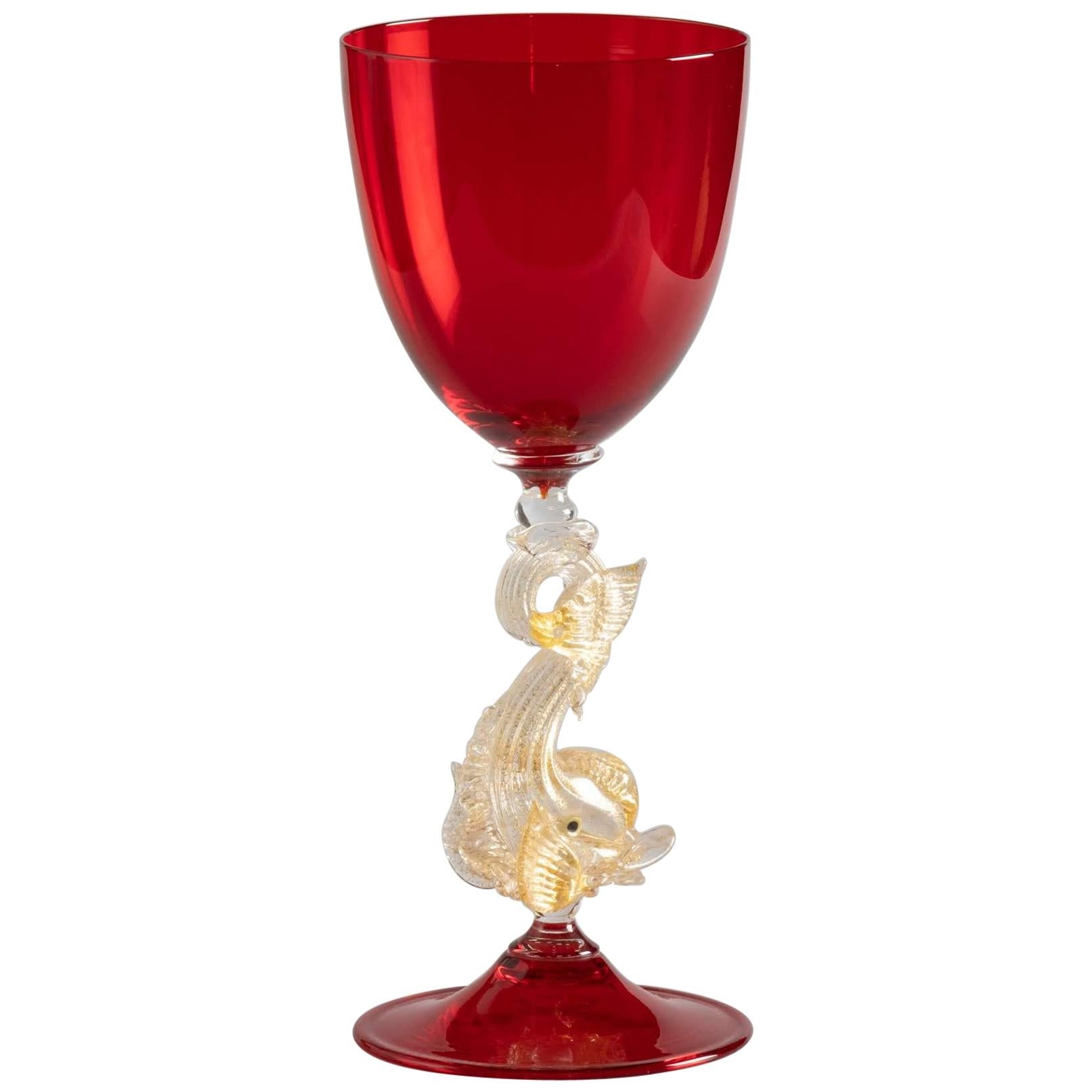 Murano Glass Traditional Dolphin Decorated Wine Glass, Italy, circa 1970 For Sale
