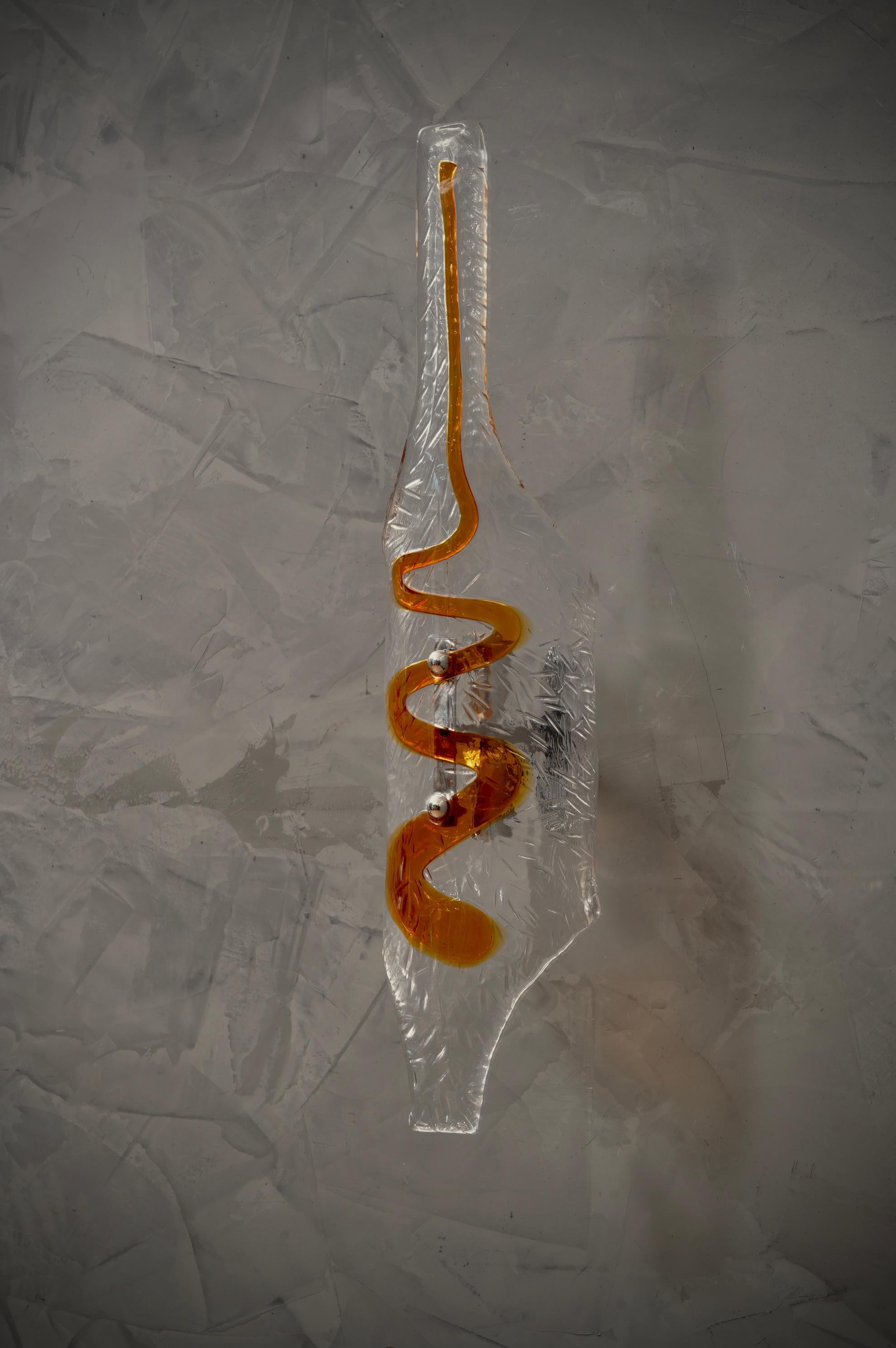 Italian Murano Glass Trasparent and Amber Color Wall Light, 1960 For Sale