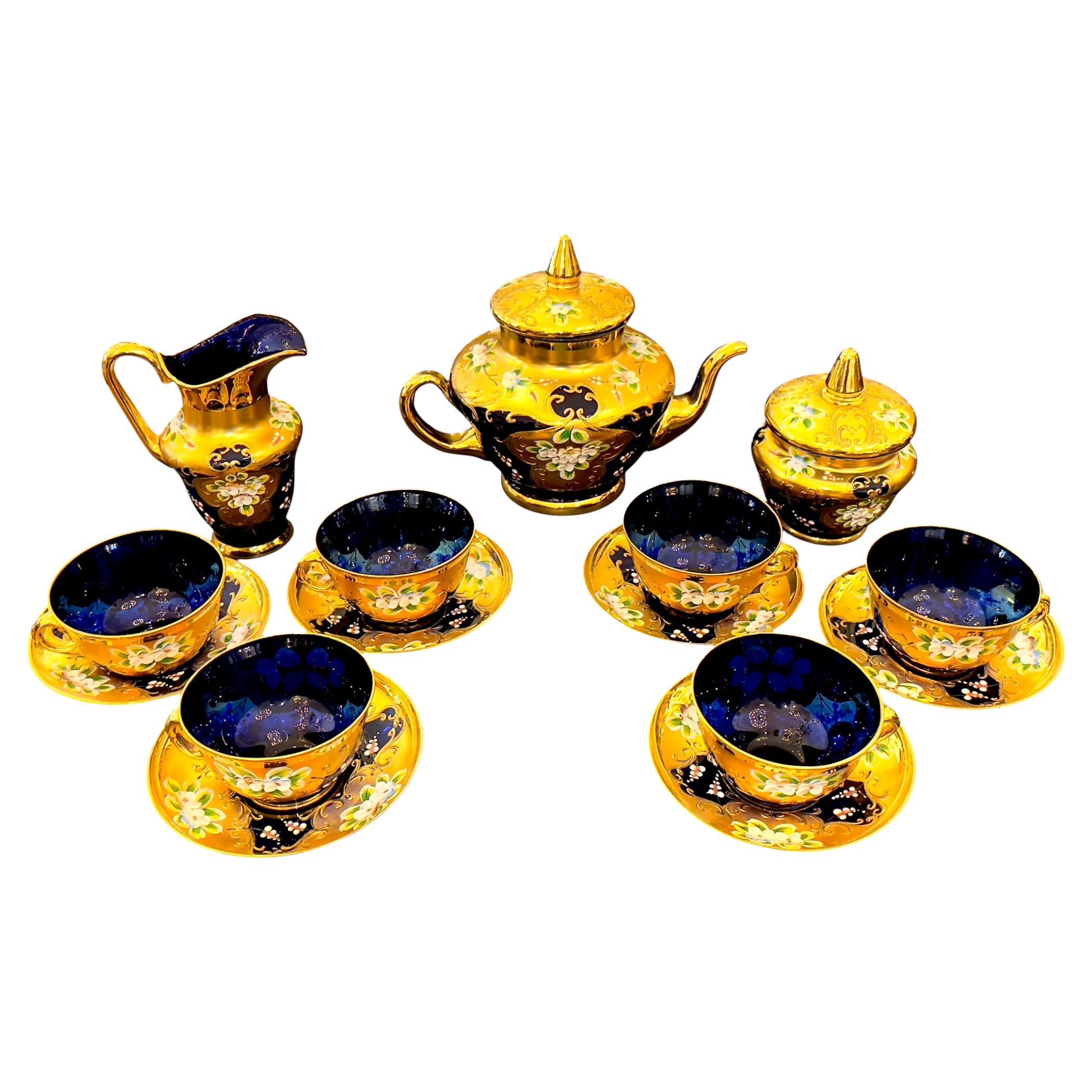 Murano Glass Tre Fuochi Coffee Service, Cobalt Blue and 24K Gold, circa 1950 For Sale