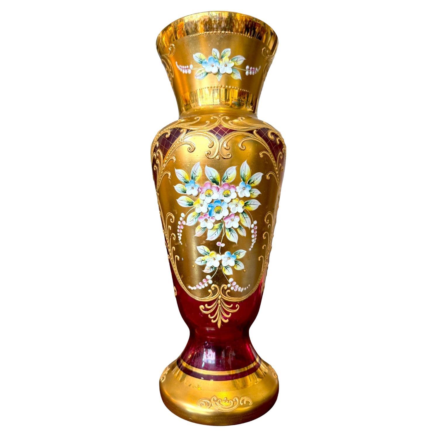 Vaso Tre Fuochi in vetro di Murano, rosso rubino e oro 24 carati, 1950 circa in vendita