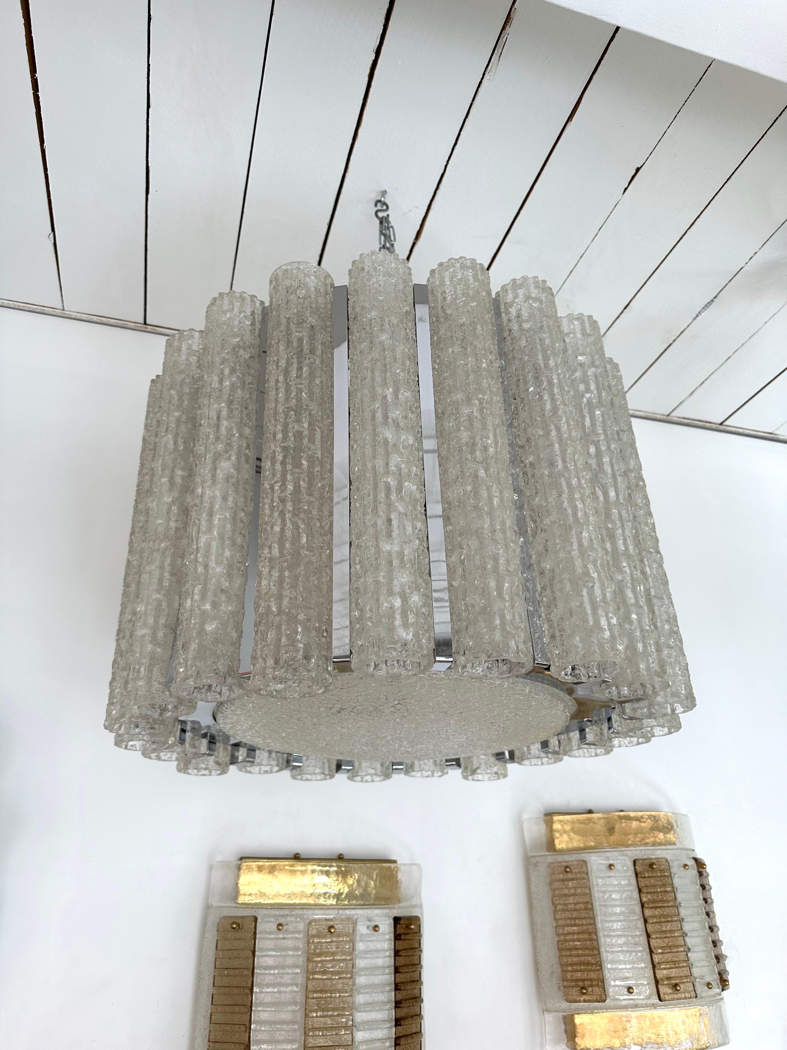 Mid-Century Modern Murano Glass Tube and Metal Chrome Chandelier. Italy, 1970s For Sale