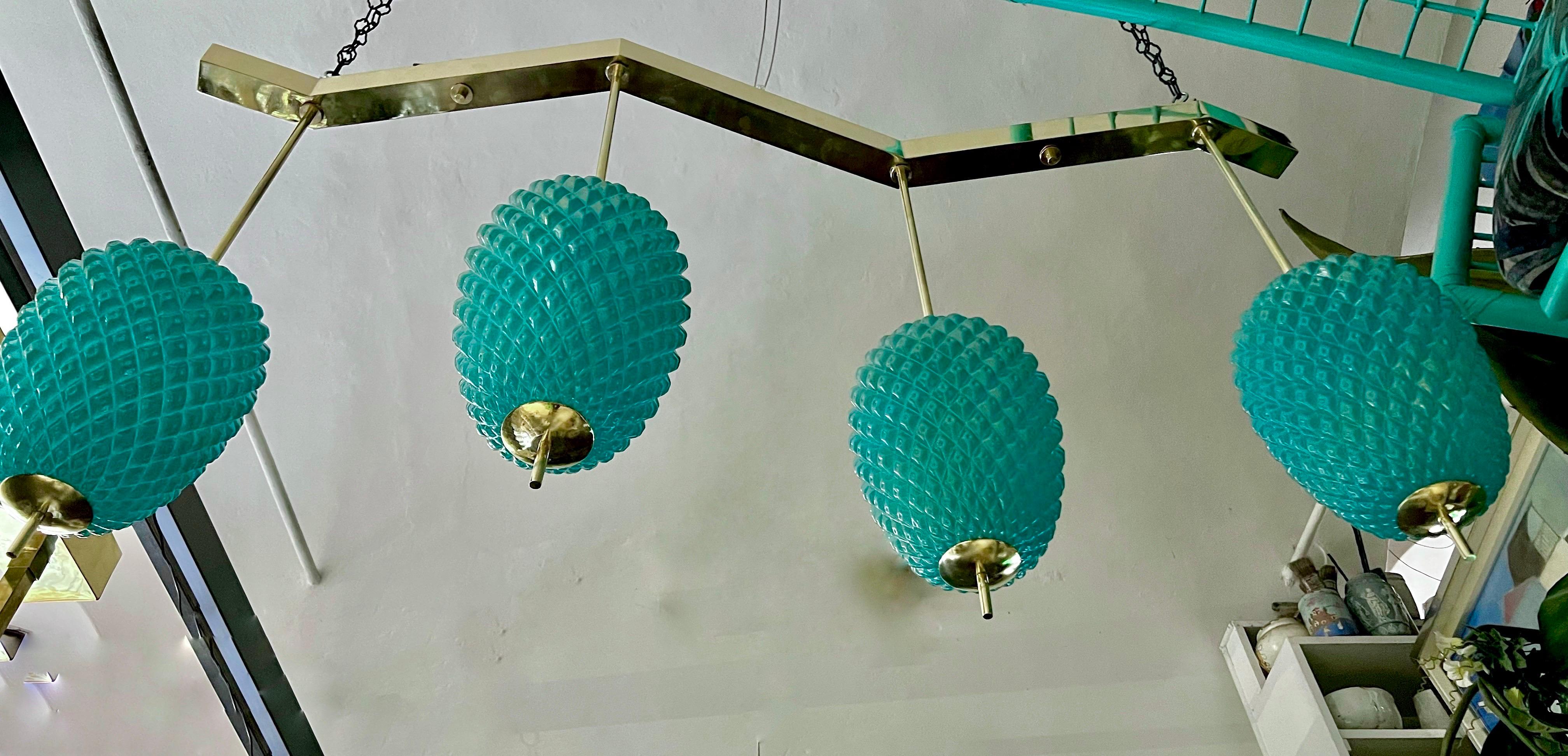 Lampes à suspension en verre de Murano turquoise avec structure en laiton, années 1980 en vente 3