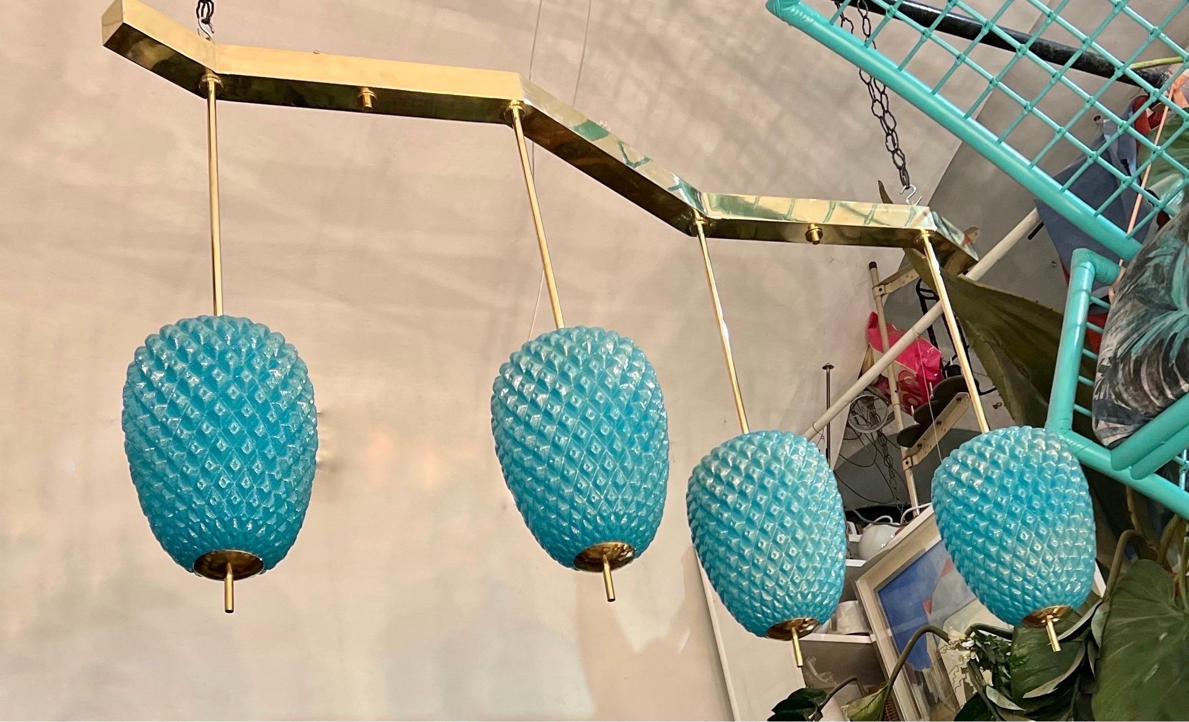 Lampes à suspension en verre de Murano turquoise avec structure en laiton, années 1980 en vente 5