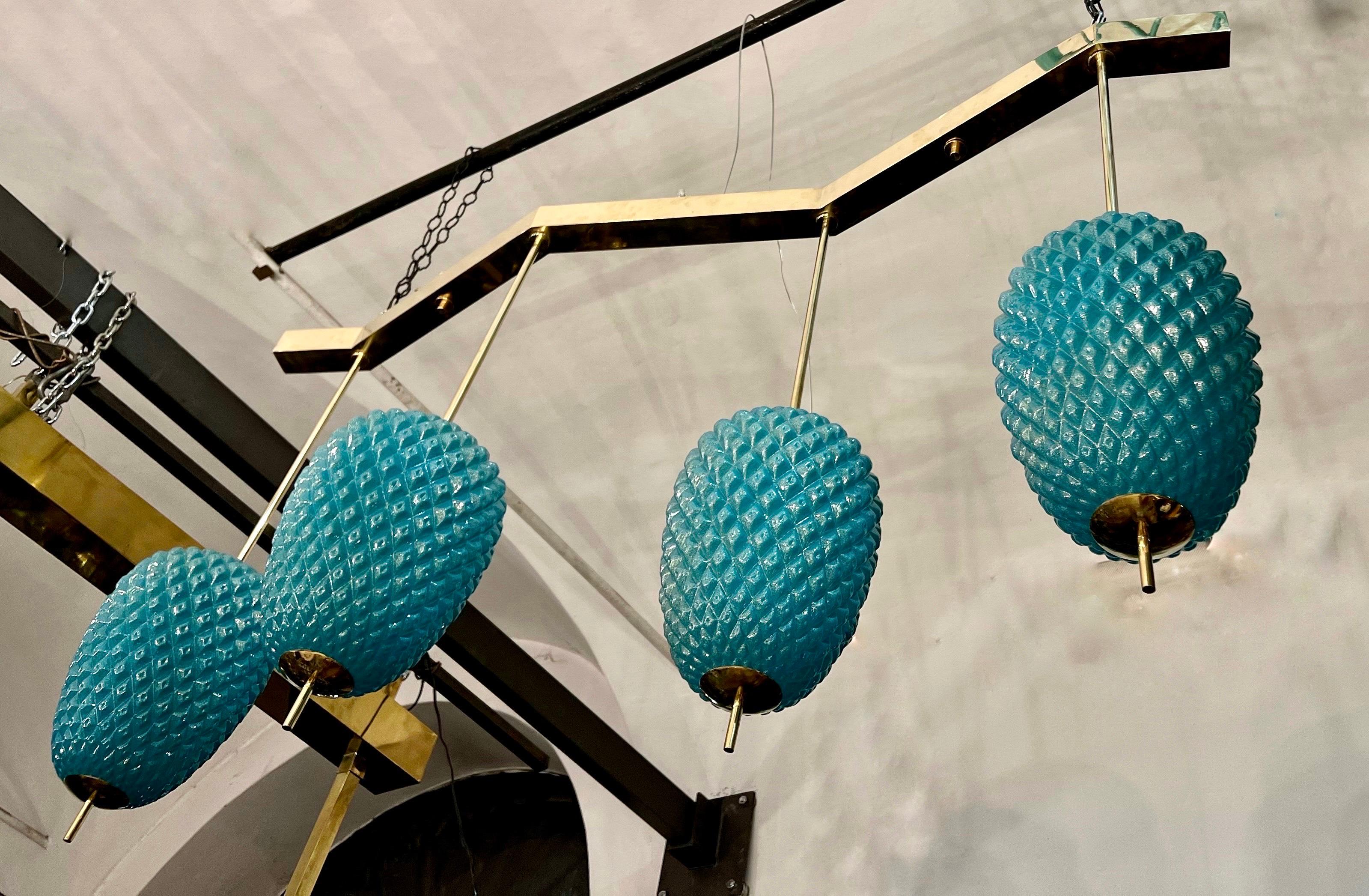 Lampes à suspension en verre de Murano turquoise avec structure en laiton, années 1980 en vente 6