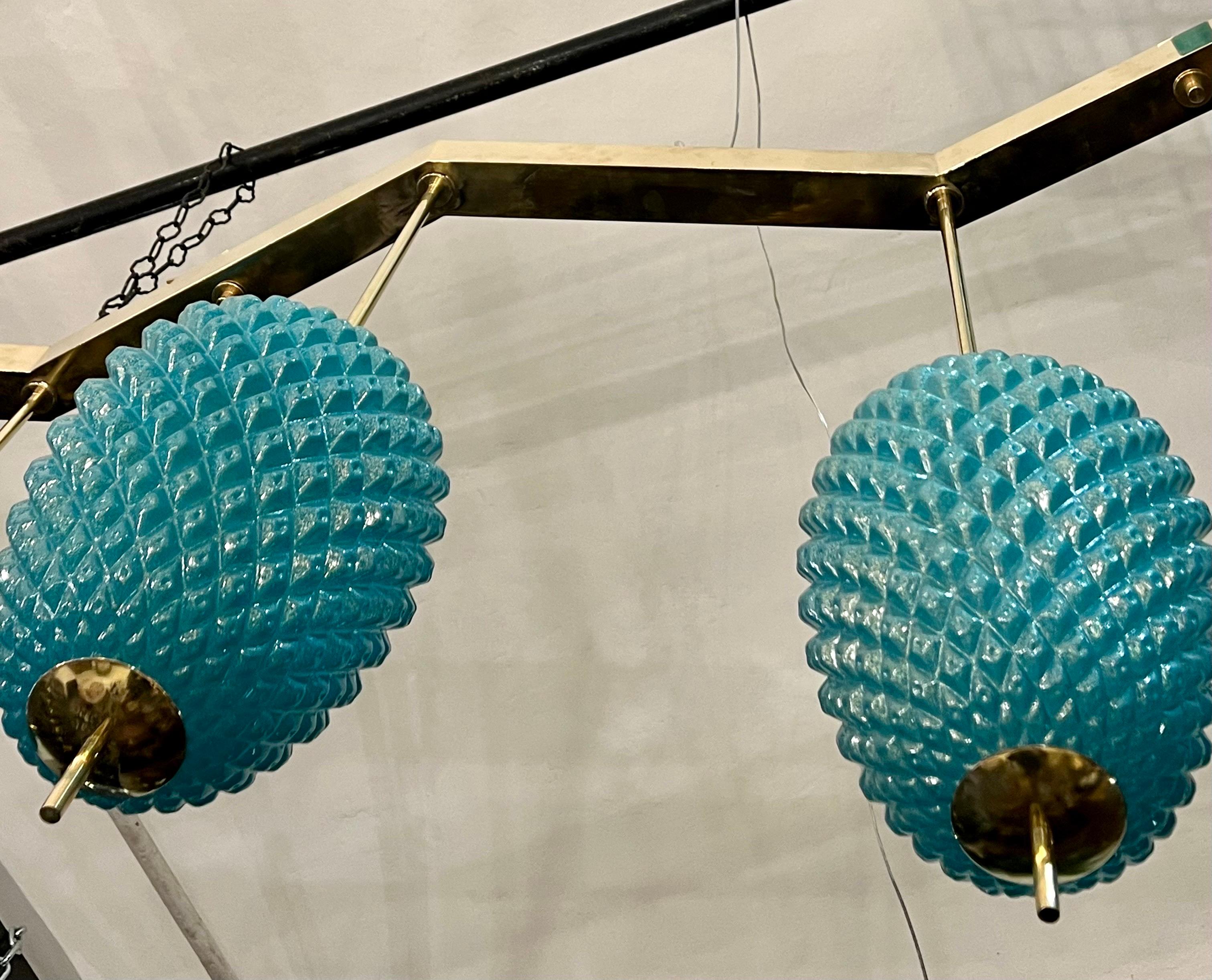 Lampes à suspension en verre de Murano turquoise avec structure en laiton, années 1980 en vente 8