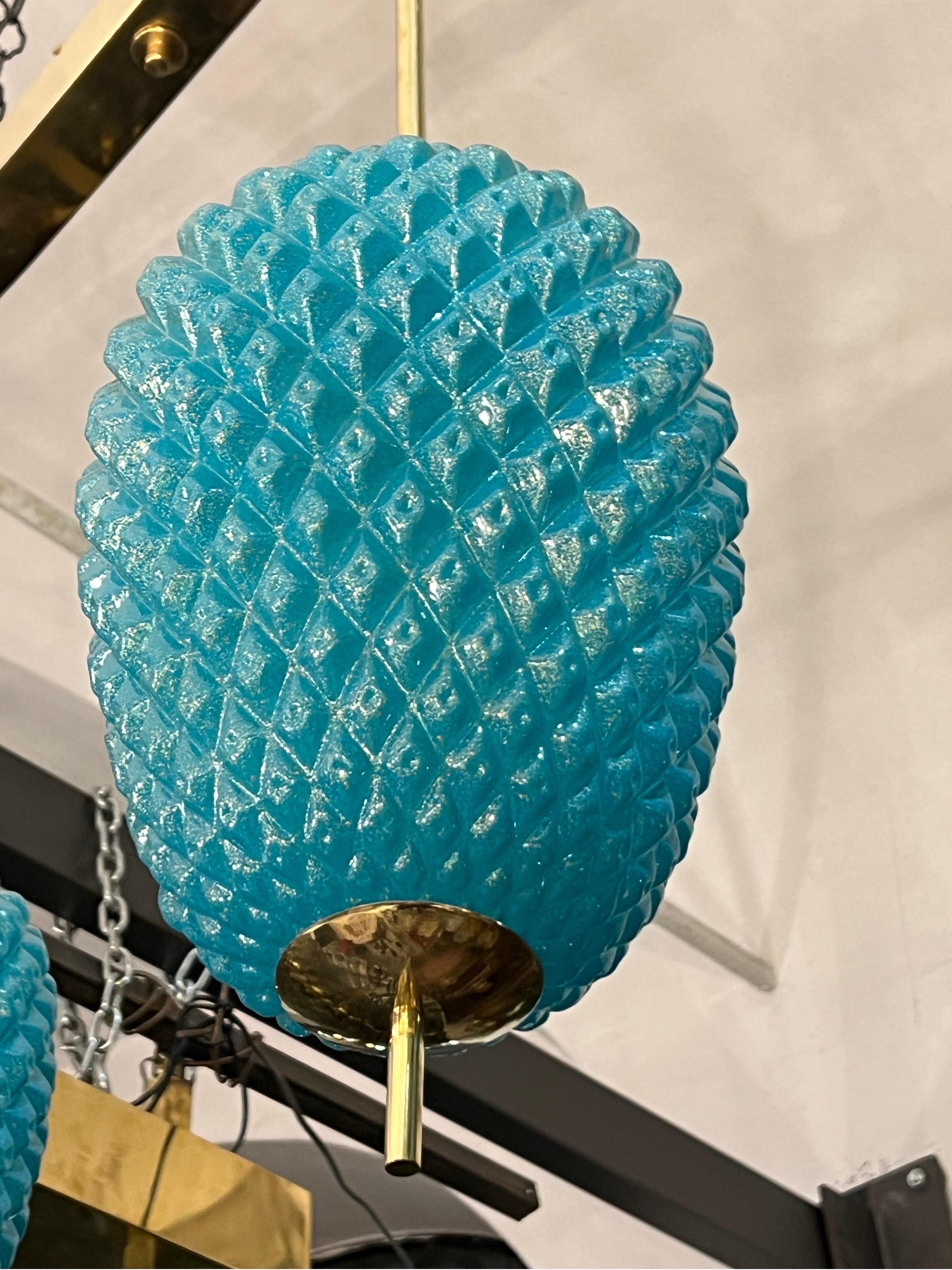 Lampes à suspension en verre de Murano turquoise avec structure en laiton, années 1980 en vente 9