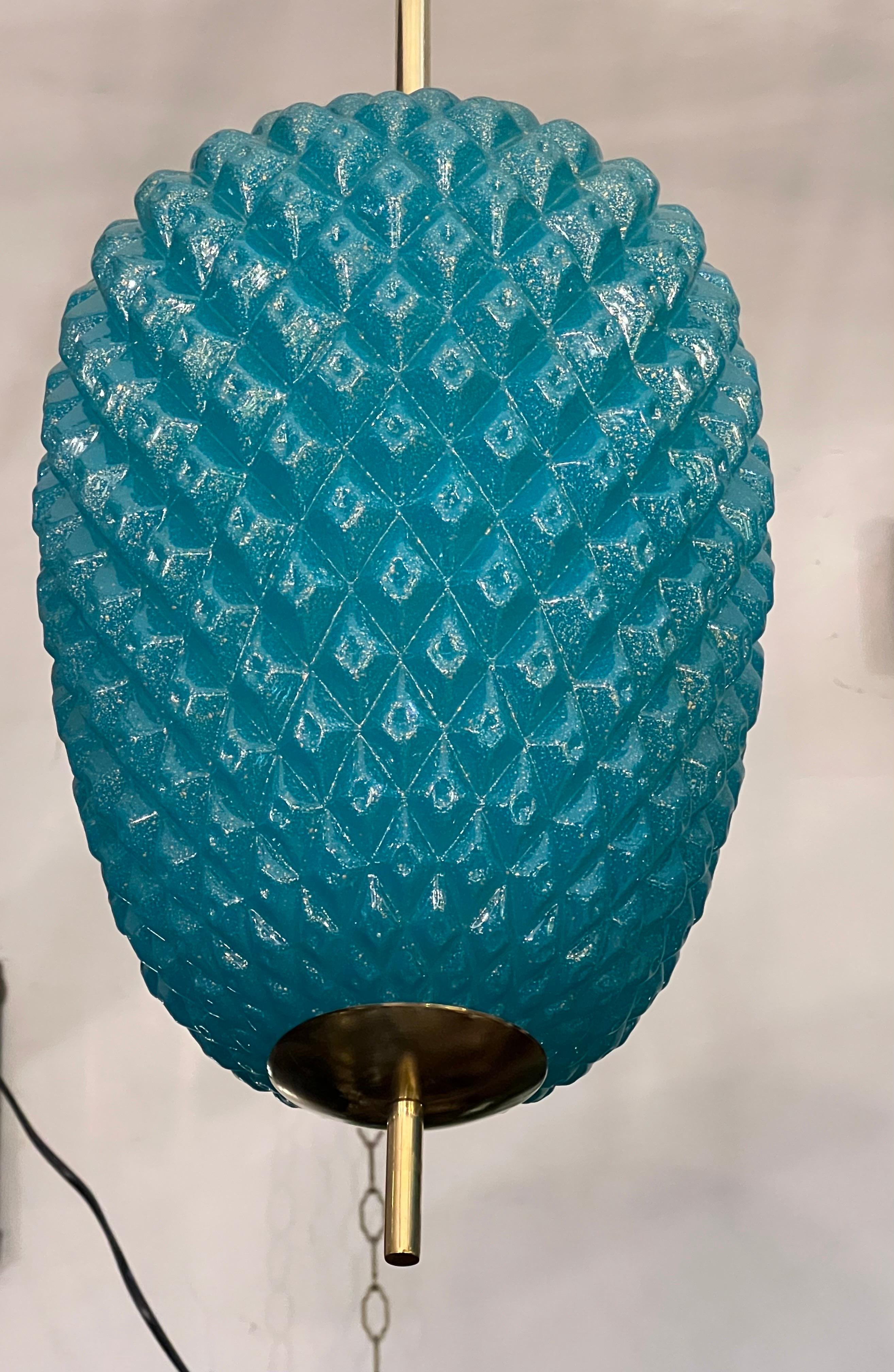 Lampes à suspension en verre de Murano turquoise avec structure en laiton, années 1980 en vente 10