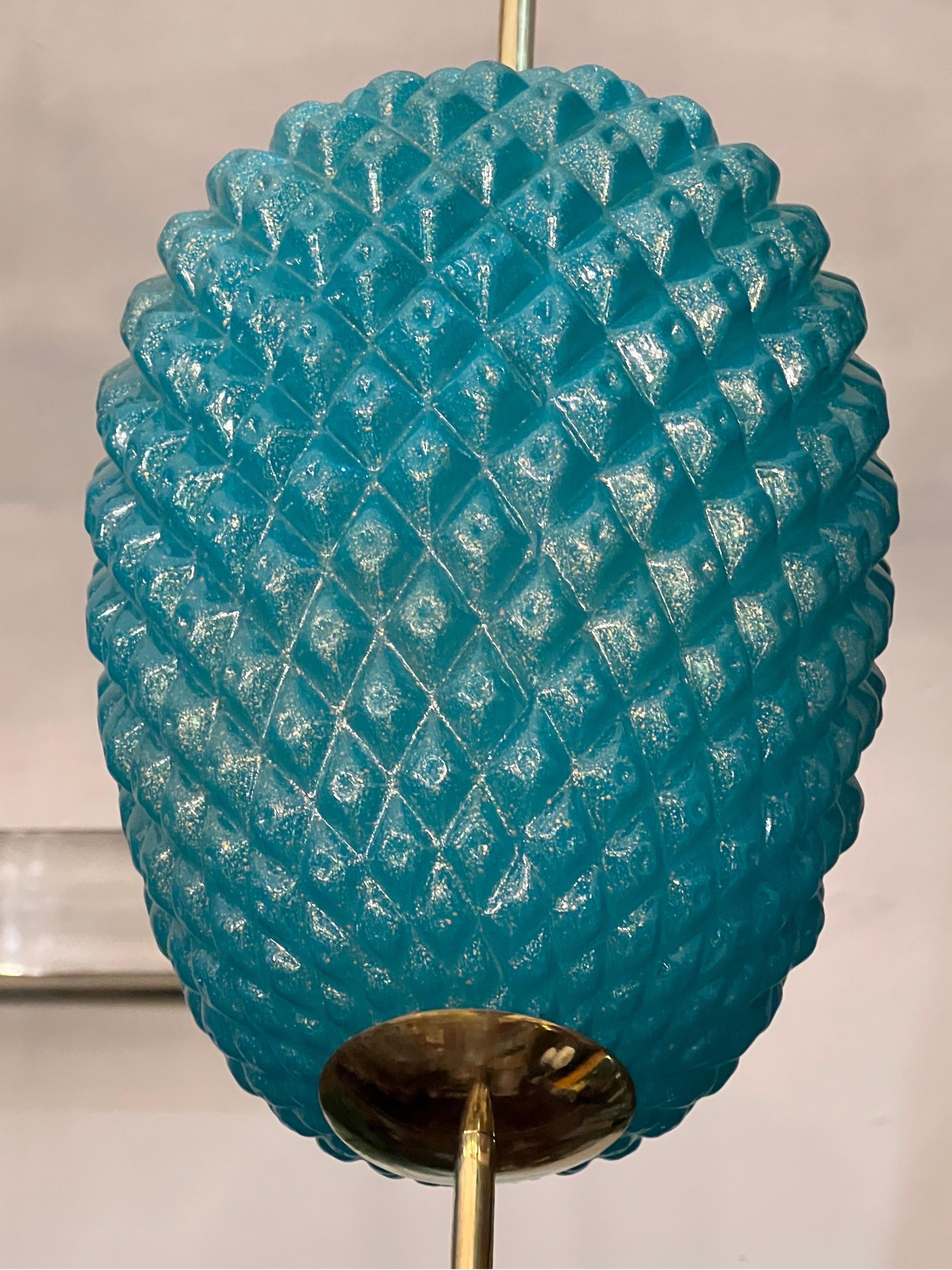Lampes à suspension en verre de Murano turquoise avec structure en laiton, années 1980 en vente 11