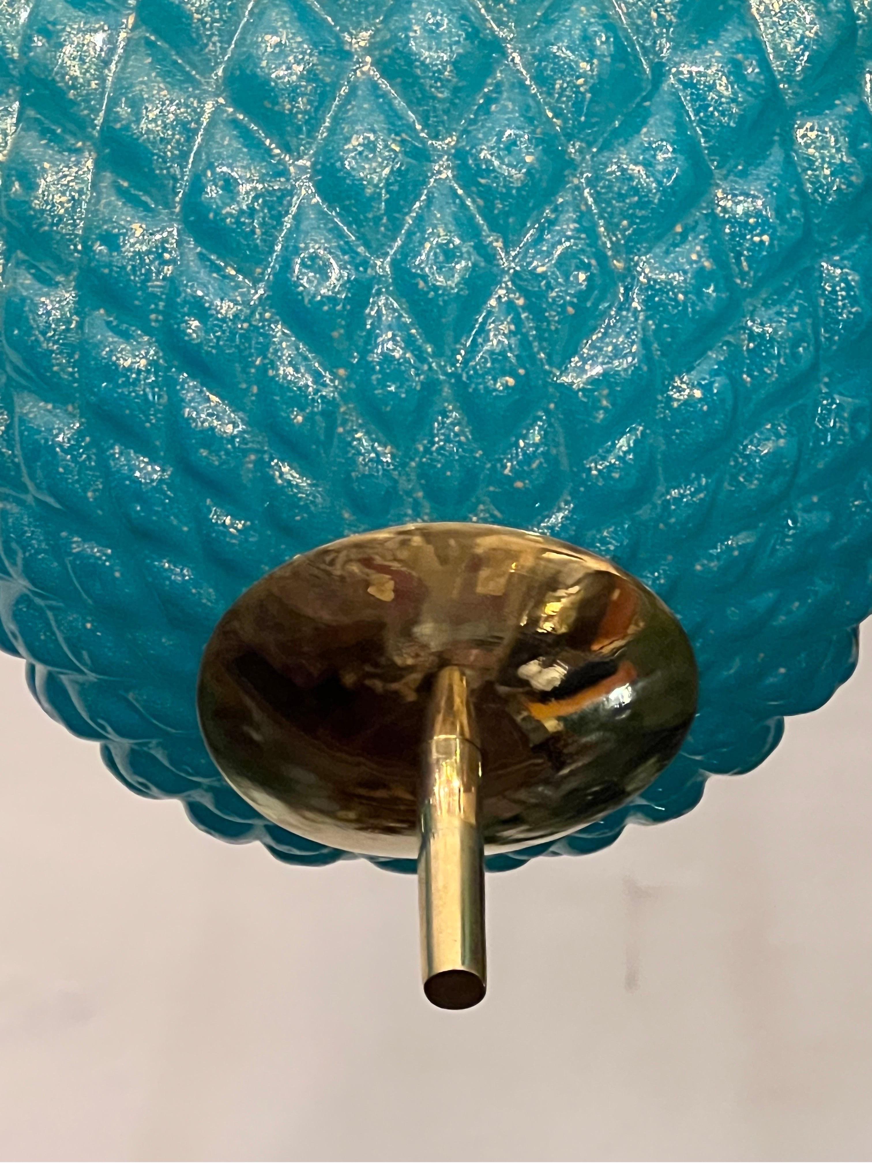 Lampes à suspension en verre de Murano turquoise avec structure en laiton, années 1980 en vente 13