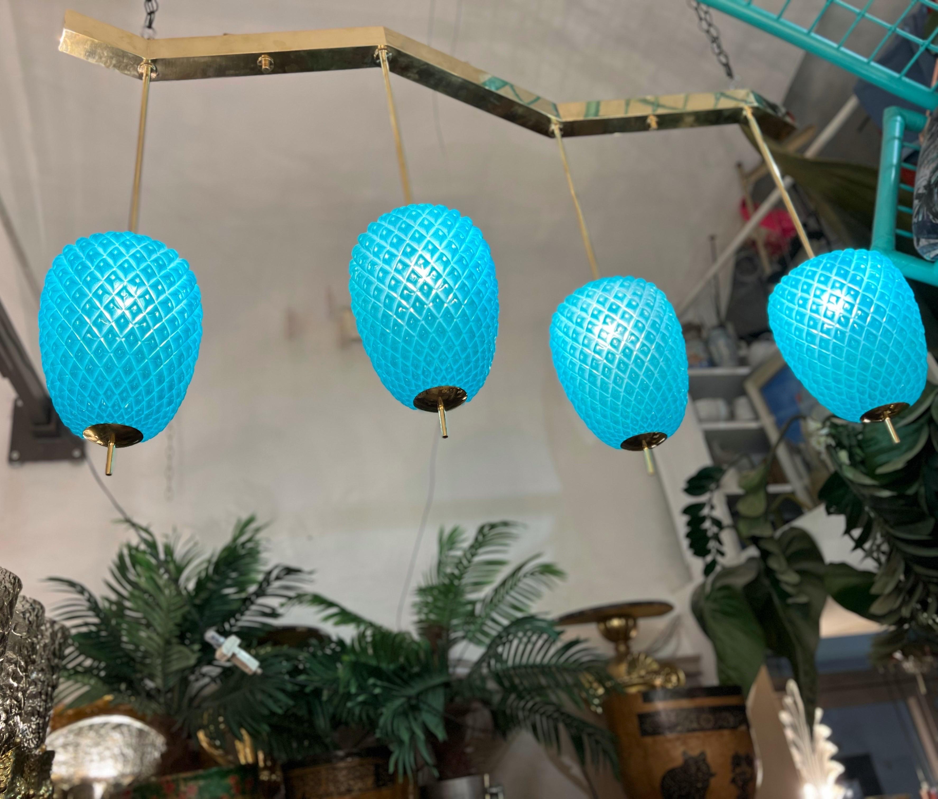 Moderne Lampes à suspension en verre de Murano turquoise avec structure en laiton, années 1980 en vente