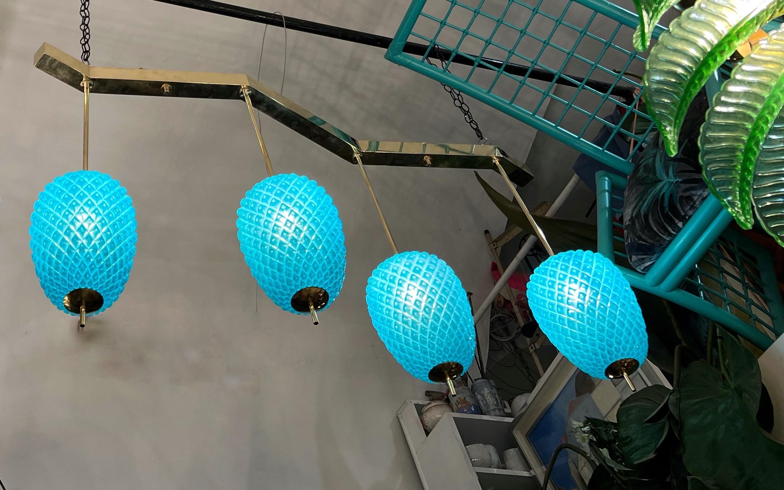 Modern Murano Glass Turquoise Pendant Light Fixtures with Brass Structure, 1980s For Sale