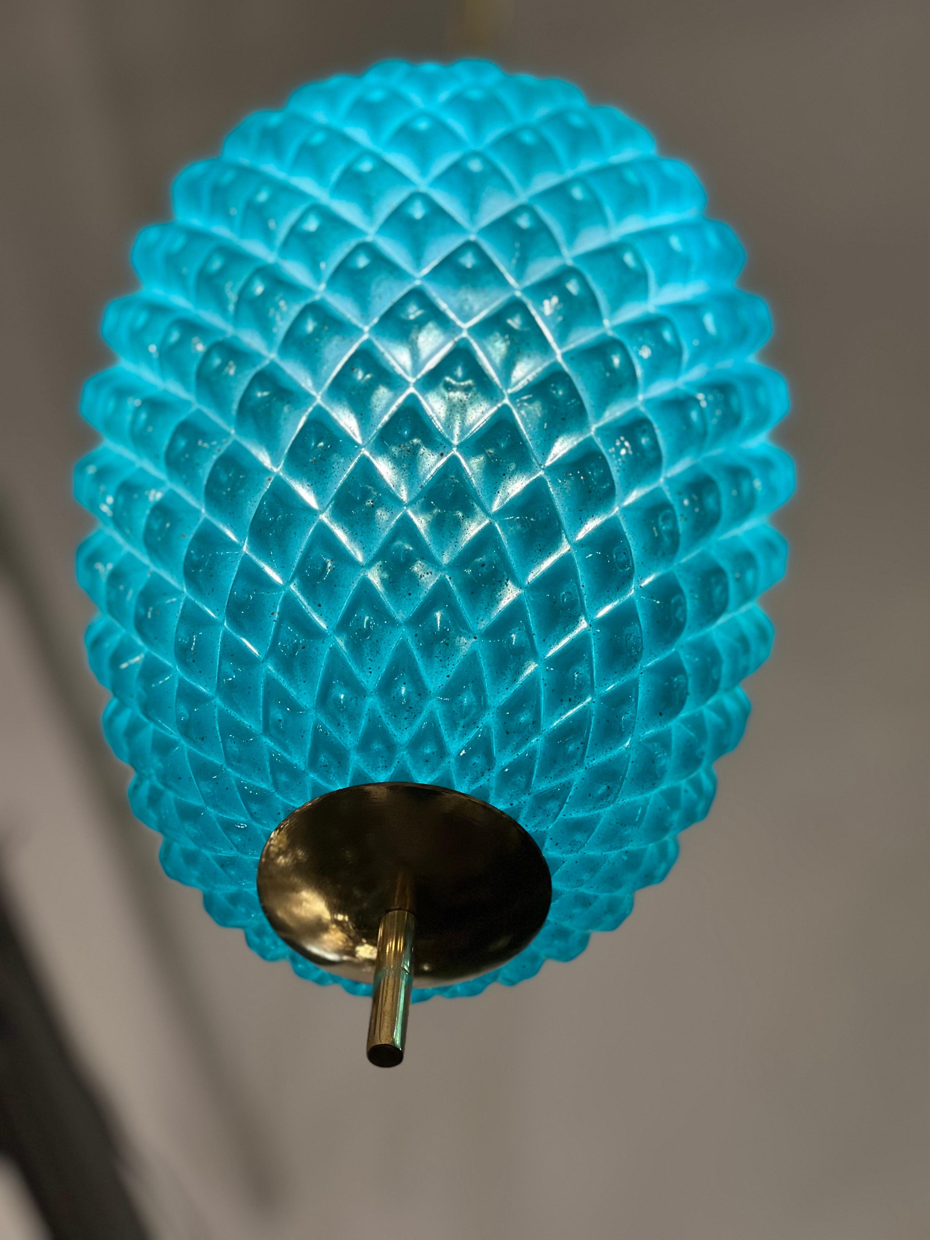 20ième siècle Lampes à suspension en verre de Murano turquoise avec structure en laiton, années 1980 en vente