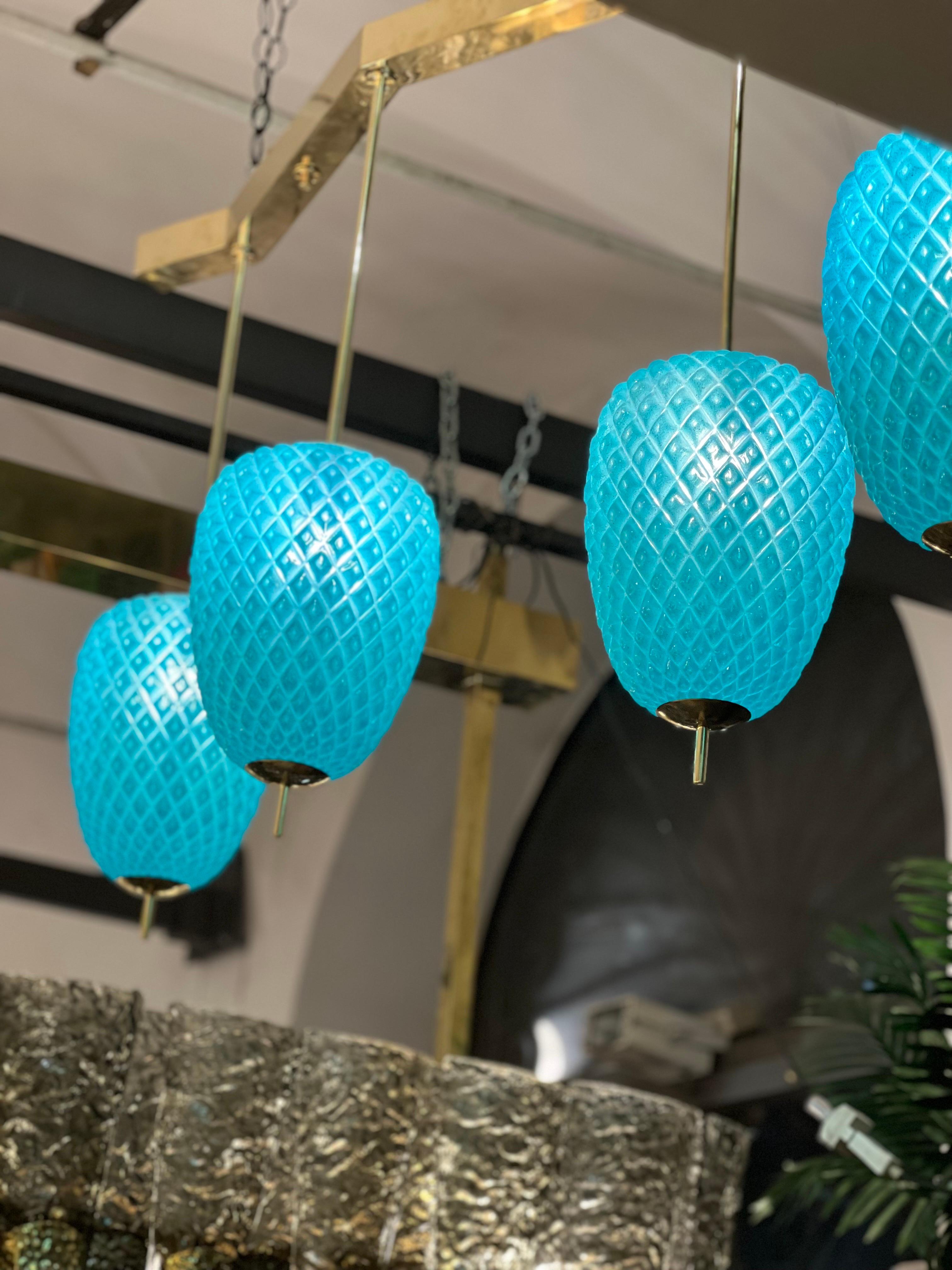 Laiton Lampes à suspension en verre de Murano turquoise avec structure en laiton, années 1980 en vente