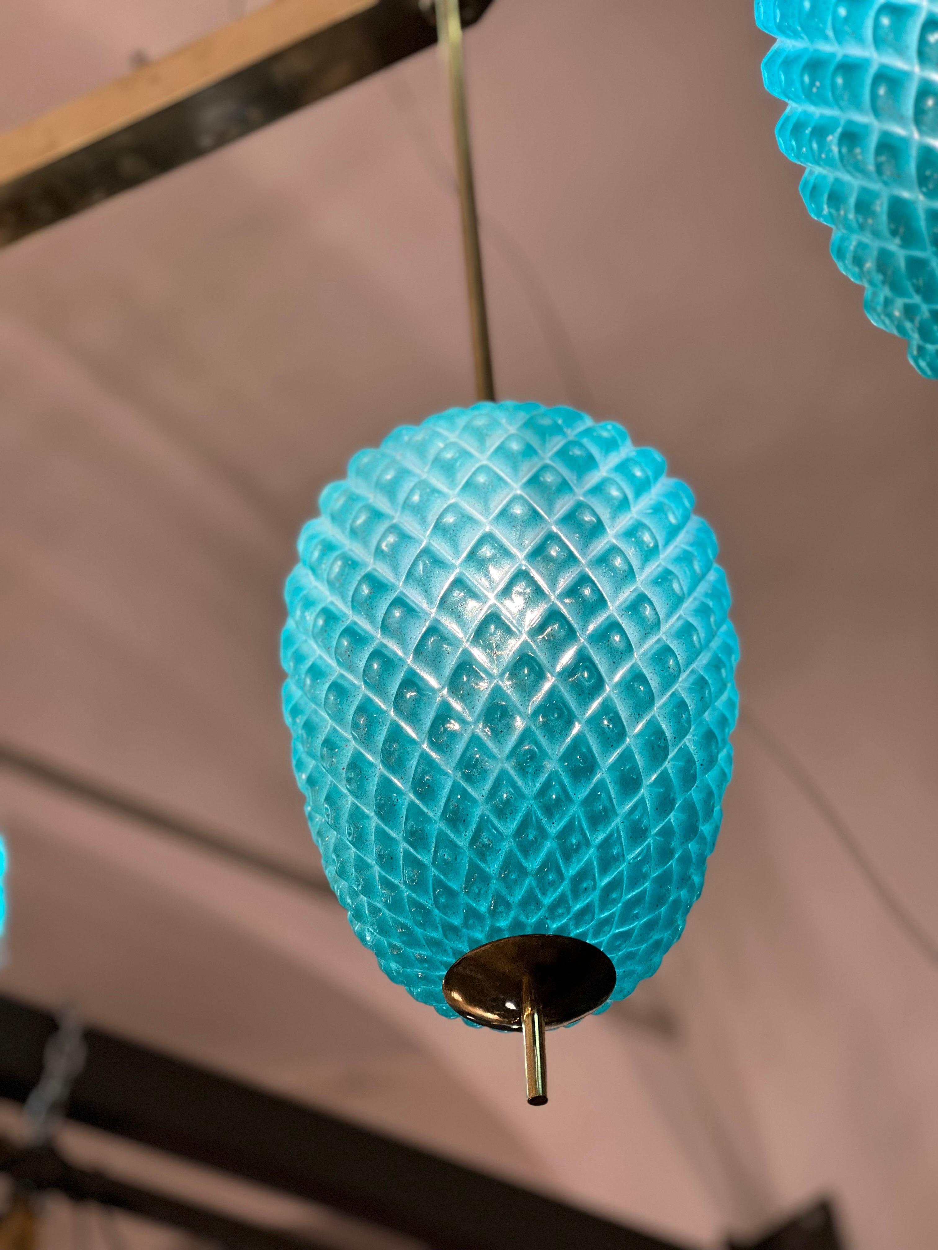 Lampes à suspension en verre de Murano turquoise avec structure en laiton, années 1980 en vente 1