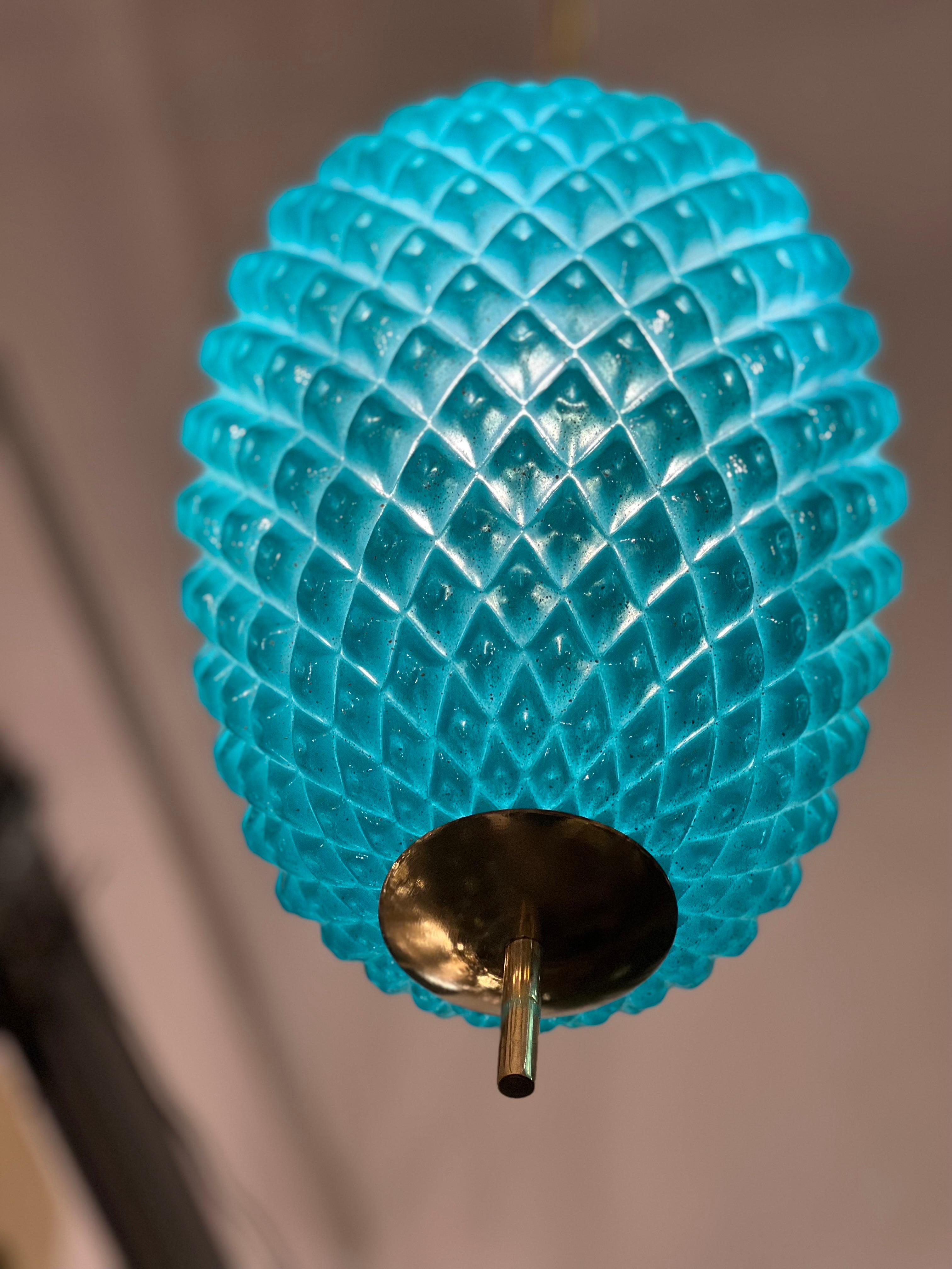 Lampes à suspension en verre de Murano turquoise avec structure en laiton, années 1980 en vente 2